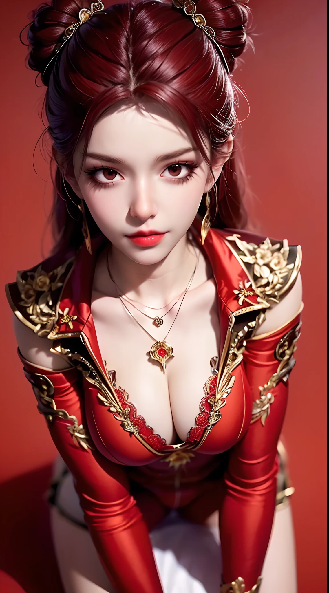 1 beautiful and sexy 20 year old girl, ((wearing a red suit of ancient armor:1.6)), dress with diamonds, ((long Red brown hair:1.6)), elaborate jewelry made from stones noble and beautiful hair, ((wearing a black lace necklace:1.4))), noble, noble style of an extremely beautiful girl, super cute little face, very pretty face, fur thin eyebrows, flawless beautiful face, ((black eye pupils: 0.8)), very beautiful eyes, ((fiery red-brown eyes: 1.6)), beautiful makeup and detailed hairdo, eyelashes, eye makeup wet, high nose, earrings, red lips, ((closed mouth: 1;5 )) beautiful lips, slim hands, ((arms spread out to the sides: 1.5)), rosy face, clean face, flawless beautiful face, smooth white skin, (big breasts: 1.5)), ((high breasts: 1.6)), firm breasts, nice cleavage, (((big and super round breasts: 1.8))) , ((super firm breasts: 1.7)) , beautiful breasts, perfect body, (((sitting position, leaning back and hands behind: 1.5))), ((chest puffed out: 1.5)) , don't be shy, 8k photos, super high quality, super realistic, super 10x pixels, optical, bright studio, bright edges, two-tone lighting, (high detail skin:1.2), super 8k, soft lighting , high quality, volumetric light, optical, optical high resolution, light, best photo, 4k, 8k quality, blur effect, smooth sharpness, 10 x pixels, ((flower red background:1.5)), aurora, lightning, super realistic graphics, most realistic graphics, alone, solo, Extremely sharp, surreal images, (((frontal portrait: 1.4)))."