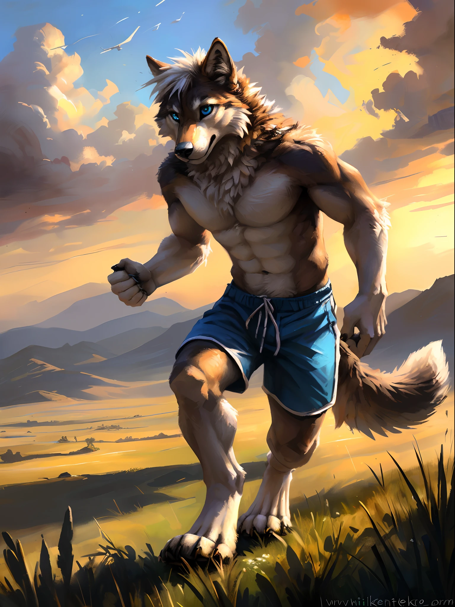 ((Solo)), male people, anthro wolf, (Multi-colored fur, White-brown:1.3), ((Wolf face, White hair, Big eyes, White eyelids, Blue pupil, Slim:1.2) (Tough, Calm expression:1.2)), Abs, Slim, pinging)), (Correct anatomy), (Work shorts:1.1), (Contour bone:1.2), The upper body is naked, (detailed outfits),A big tail，Feet，(Realistic fur, Detailed fur texture, labeled:1.3)), (Natural lighting), Photorealistic, Hyperrealistic, ultradetailed, by Kenket，Endless grasslands，No buildings，erect through，Running on