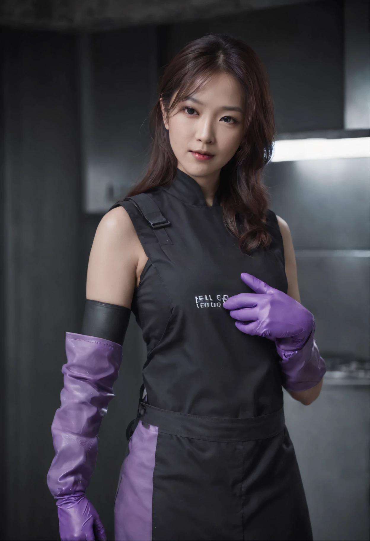 Meilin from Advanced Metal Gear Research Institute. Highly realistic. rubber glove、Purple rubber gloves、Purple cooking gloves、Long gloves、Glossy gloves、Glossy apron、Wear a mask、Rubber Mask、