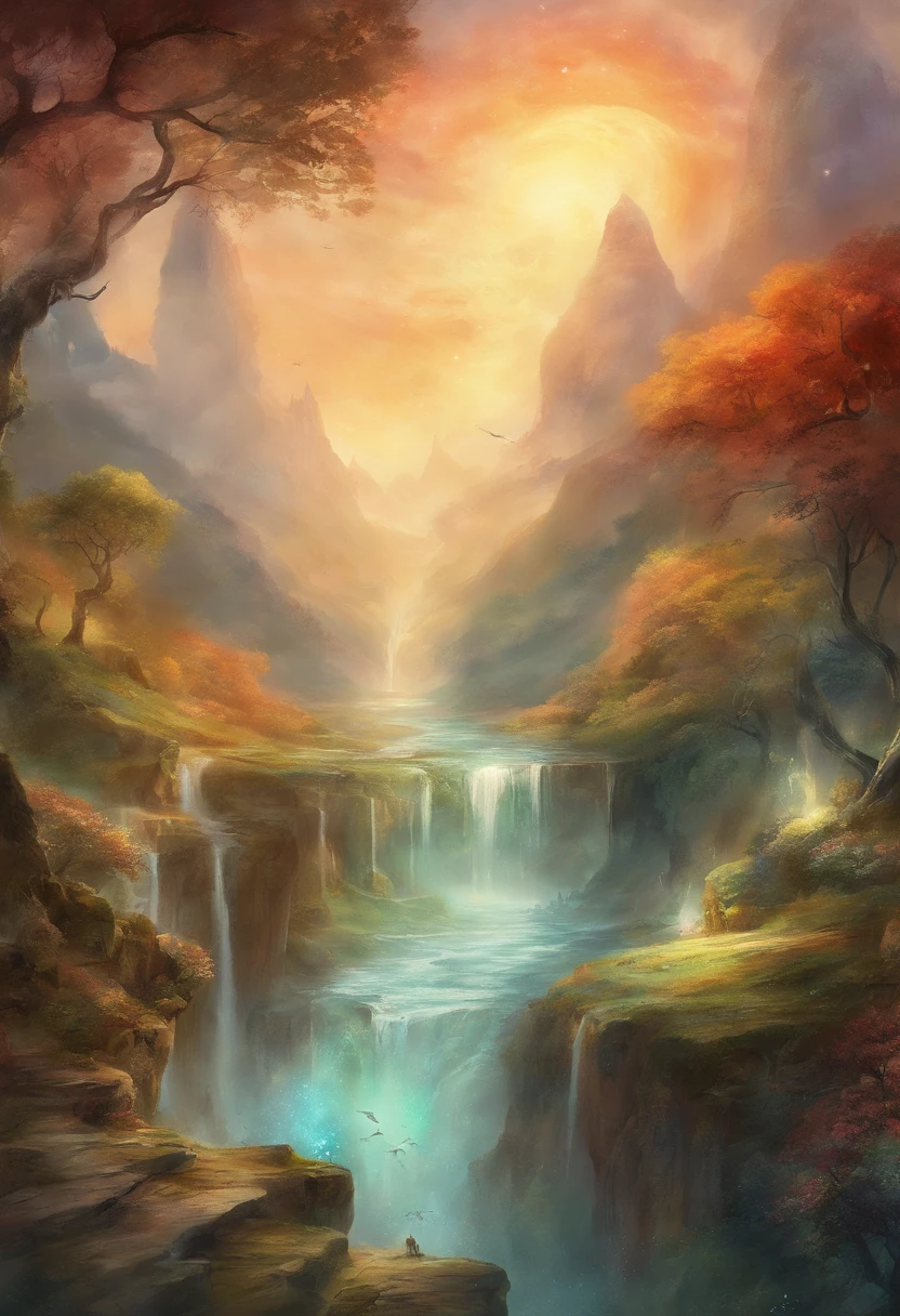 high details, best quality, 8k, [ultra detailed], masterpiece, best quality, (extremely detailed), dynamic angle, ultra wide shot, photorealistic, fantasy art, dnd art, rpg art, realistic art, an ultra wide picture of druid grove in a fantasy autumn forest and its druid warden observing all, a fantasy forest (intricate details, Masterpiece, best quality: 1.5), (at autumn: 1.5), in orange, red, yellow brown leaves, many trees, a stream of water (intricate details, Masterpiece, best quality: 1.5), waterfall (intricate details, Masterpiece, best quality: 1.5), human female druid, full body (intricate details, Masterpiece, best quality: 1.5), exquisite beautiful woman druid (intricate details, Masterpiece, best quality: 1.5), ultra detailed face (intricate details, Masterpiece, best quality: 1.6), black hair, long hair, wavy hair (intricate details, Masterpiece, best quality: 1.5),, dynamic eyes color, fair skin, wearing blue cloak (intricate details, Masterpiece, best quality: 1.5), green robe (intricate details, Masterpiece, best quality: 1.5), cinematic light, pastoral atmosphere, divine light, gods rays, fantasy_world