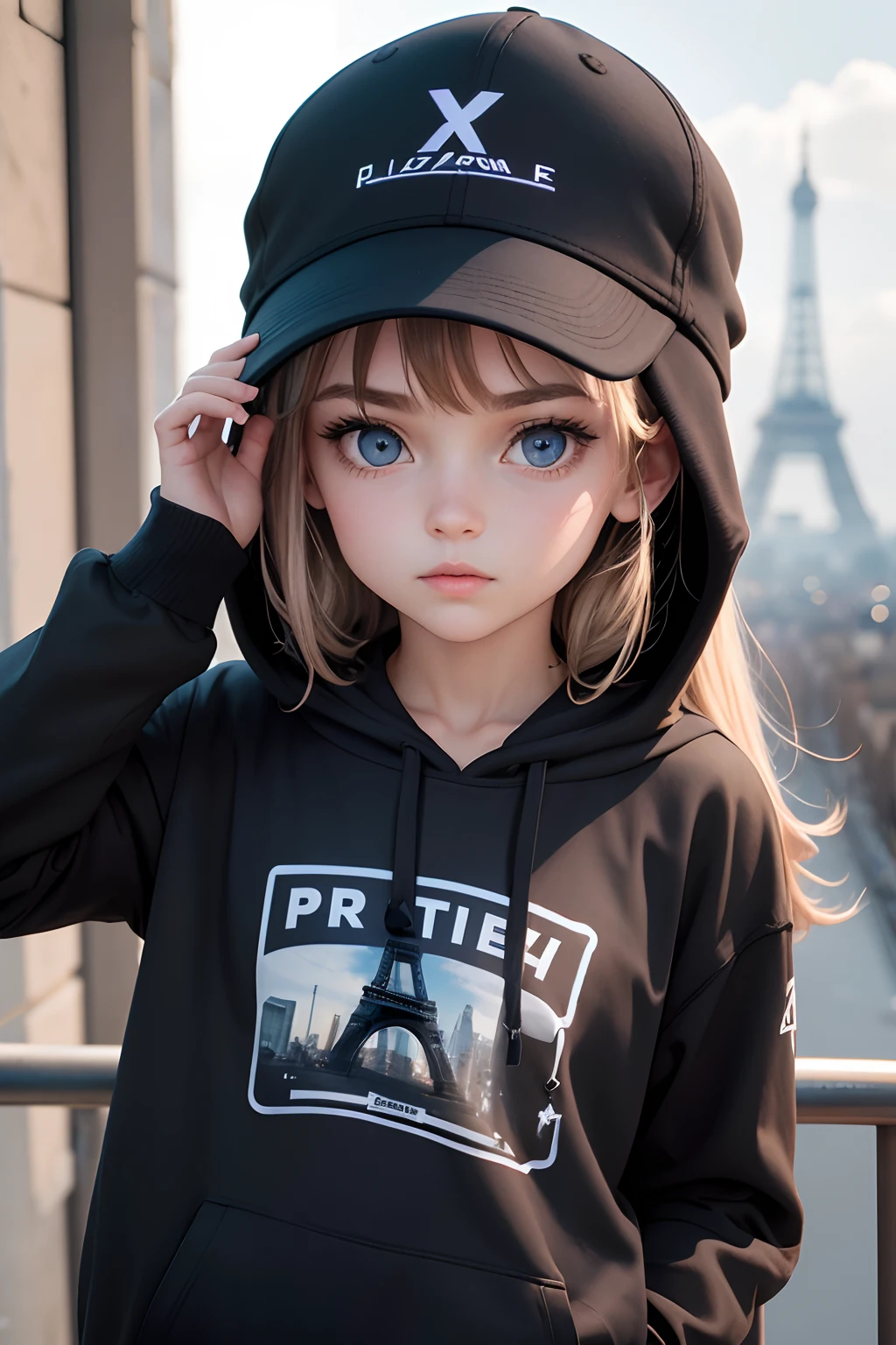 une fille mulatre en plein paris devant la tour eiffel avec une casquette noir et un hoodie noir, le hoodie et la casquette ont le logo d'une marque en format 4X4 sur le chapeau, the logo is an X combines with a 5 above ( superpose ) du x formant un ensemble  a gauche du x un F en format petit en haut du X le i et a droite le T