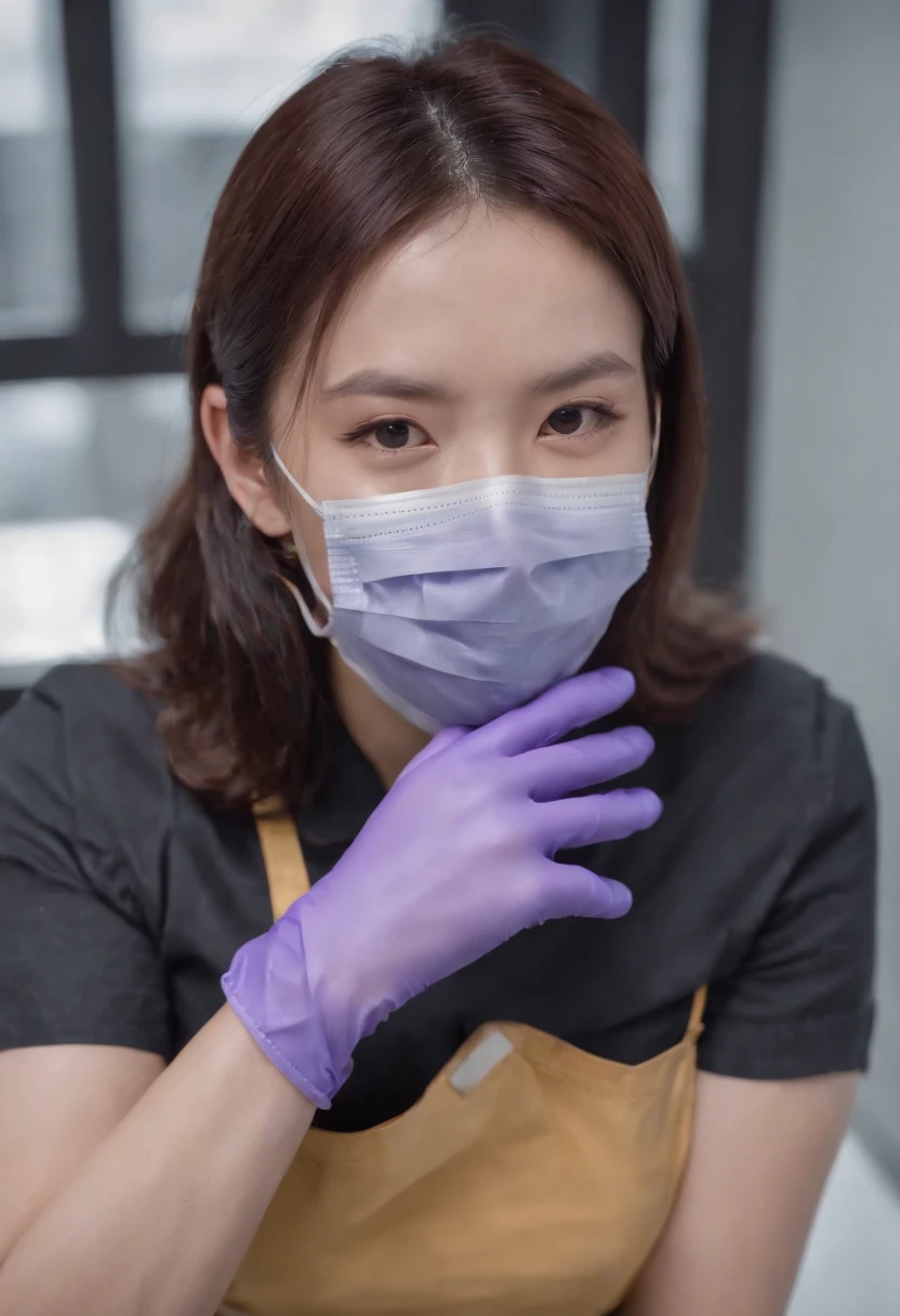 Meilin from Advanced Metal Gear Research Institute. Highly realistic. rubber glove、Purple rubber gloves、Purple cooking gloves、Long gloves、Glossy gloves、Glossy apron、Wear a mask、Rubber Mask、surgical mask