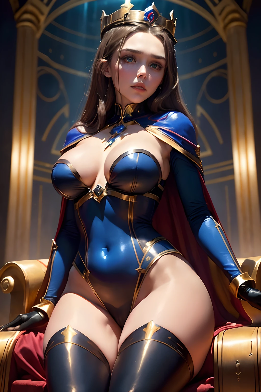 (Elizabeth olsen is a queen) (she has bright blue eyes)(red lips) (long brown hair)((big breasts)) (perfect slim body)(she wears a royal blue body suit, black gloves, black stockings and a royal cape)(she wears a majestic gold crown and neck jewelry)(she is inside a throne room)(high definition, amazing lights and shadows)((masterpiece))(8k)(perfect face) (perfect hands)