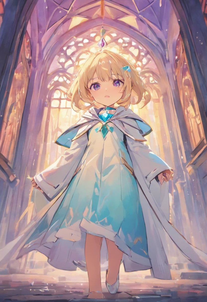 Anime game Chorus of the Prisms - Medium hair, white-blonde hair, light gray eyes, white pupils, white jacket, white cape with light purple lines, long light purple skirt with the inscription "White May Rain Girl - Zero Zero", light purple tie, turquoise collar, golden emblem of the "Samidare" on the cape and skirt, background of the ruins of one of the land cities, it's raining, AI android girl