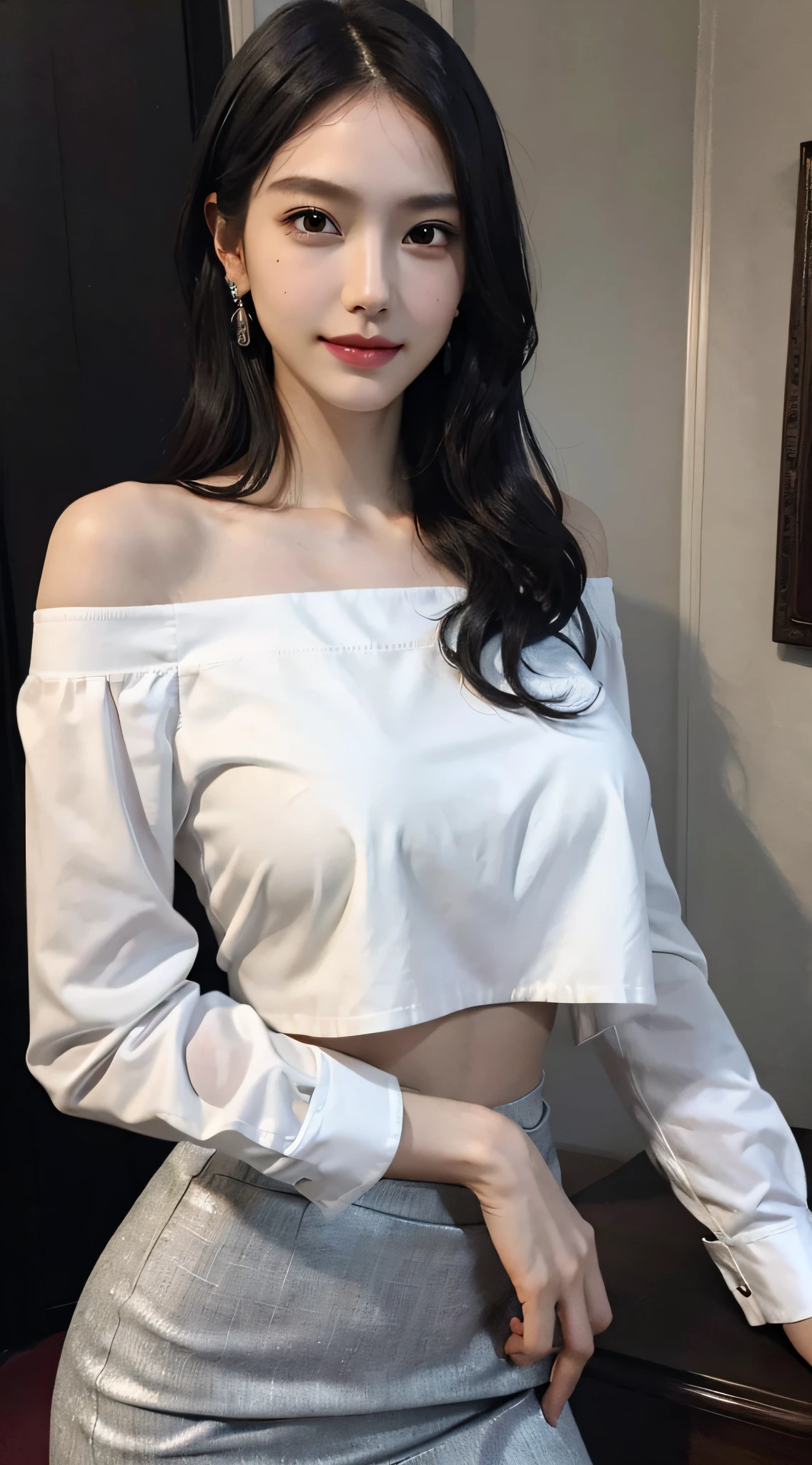 (very huge round breasts:1.5), (white bronze hair:1.3), (anatomically correct:1.3), (wide shot:1.3), (formal shirt, formal skirt:1.3), extremely delicate and beautiful, masterpiece, Best Quality, ultra high resolution, 16k, hyperrealistic, ultra-detailed, Very detailed CG 8k wallpaper, Beautiful Lighting, Perfect Lightning, Realistic Shadows, super Detailed shiny skin, perfect figure, Japanese woman, late 20s, Slim body, Slim abdomen, very small head, handsome detailed woman, very detailed eyes and face, realistic face proportions, Stunning detailed eyes, Realistic beautiful face, very small face, Realistic small beautiful eyes, double eyelids, makeup, tearful mole, mole on chest, earring, short wavy hair, cleavage, bare legs, Soft midriff, Fine Collarbone, beautiful and very thin legs, beautiful and very thin thighs, off-shoulder,