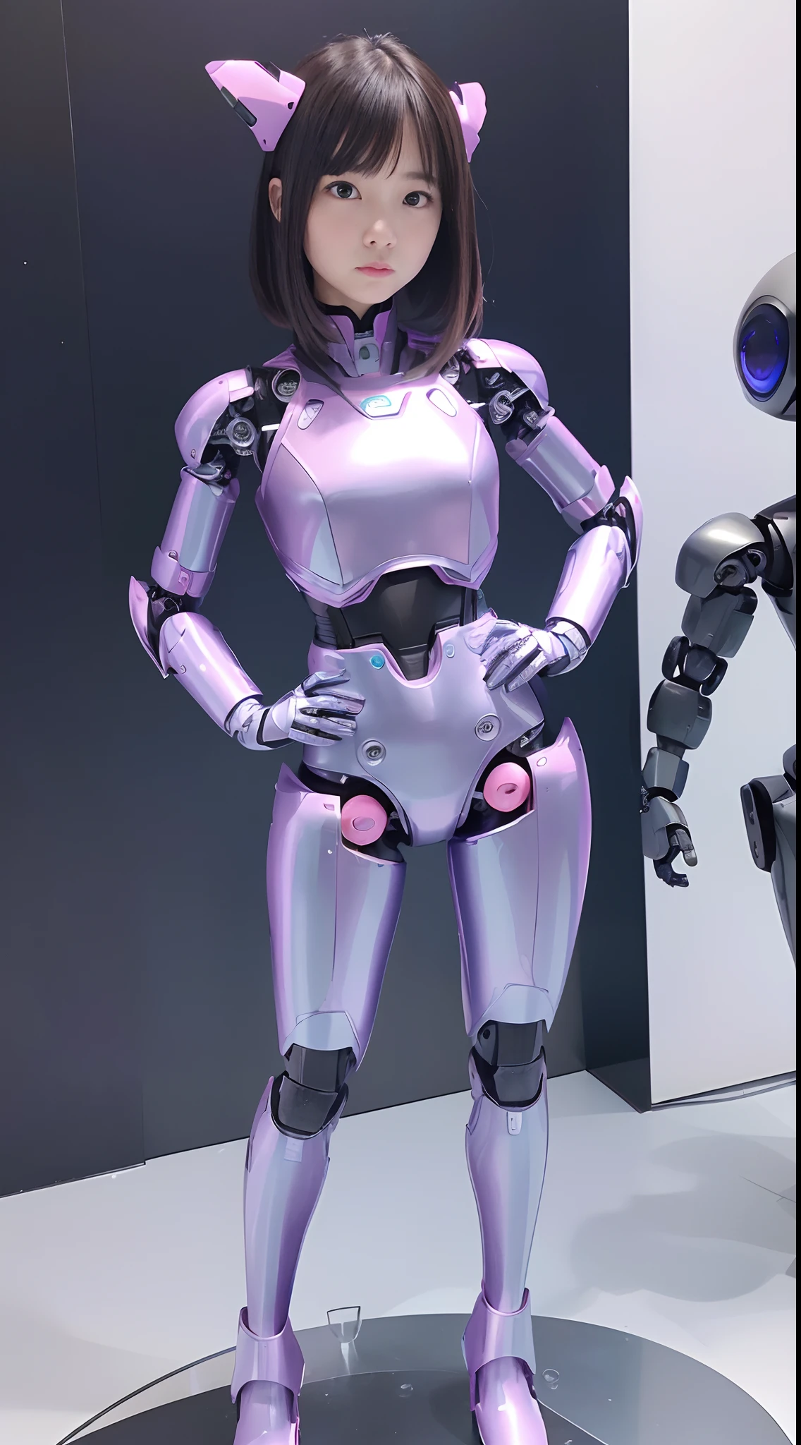 (Photorealsitic:1.4)、one girl、(top-quality)、(hyperdetailed face)、(Super well-formed face)、((Robot Parts))、(Robot Girl)、(Blue)、(pink there)、(Burgundy)、(metallic)、(full-body)、(sexy pose)、(Slender body)、(Model body type)、(full body mech)、(mechanical exposure)、(Akihabara)、(is looking at the camera)、(A dark-haired)、(Well-proportioned girl)、(a small face)、(Idol)、(front facing)、(Standing with legs open)、(Hands on hips)、(Photo session)、(Looks sad)、(perfect-robot-girl)