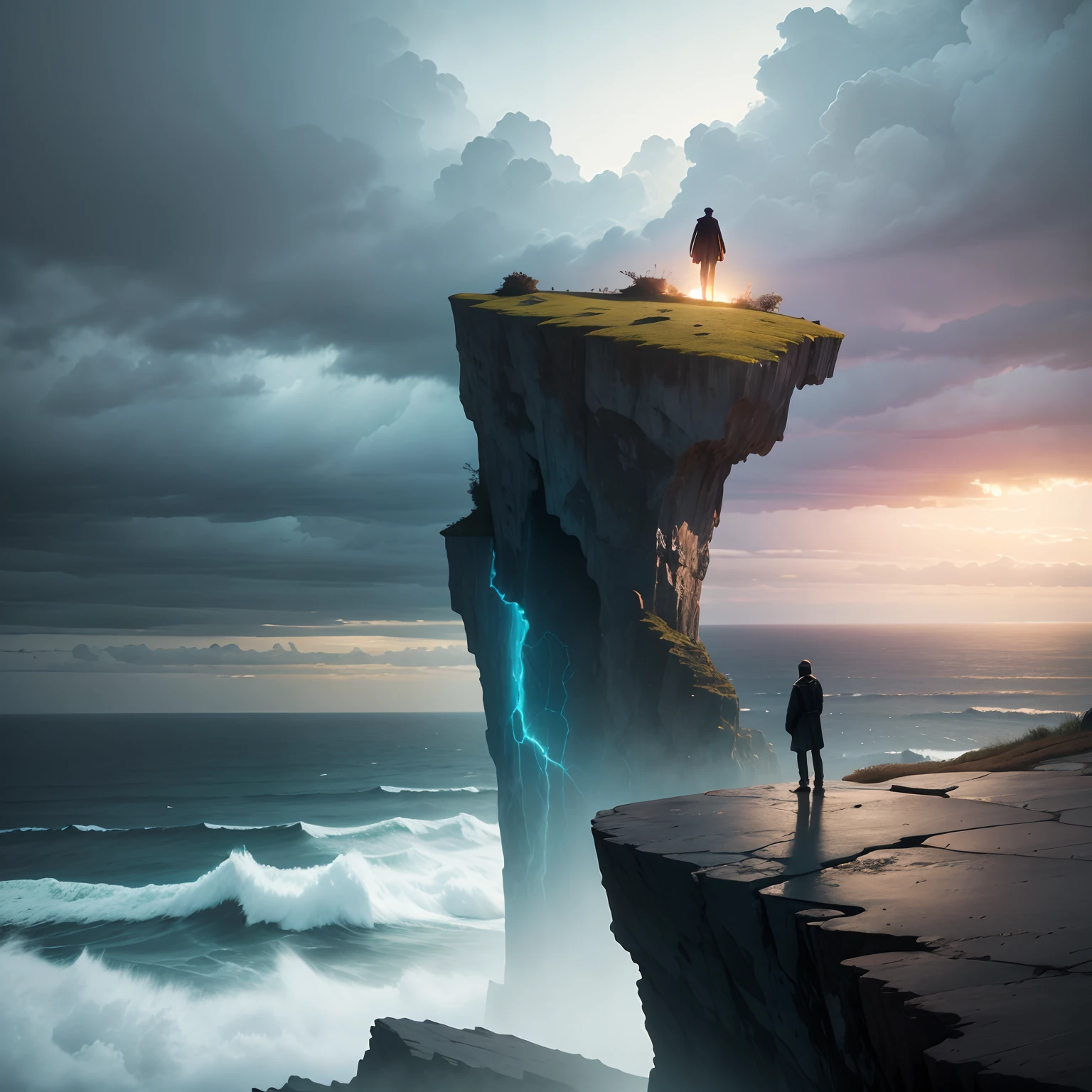 A lone figure on the edge of a cliff, Observing the horizon with a stormy sky of gloomy colors. The figure seems shrouded in an aura of struggle and introspection, enquanto um raio de luz rompe as nuvens escuras.