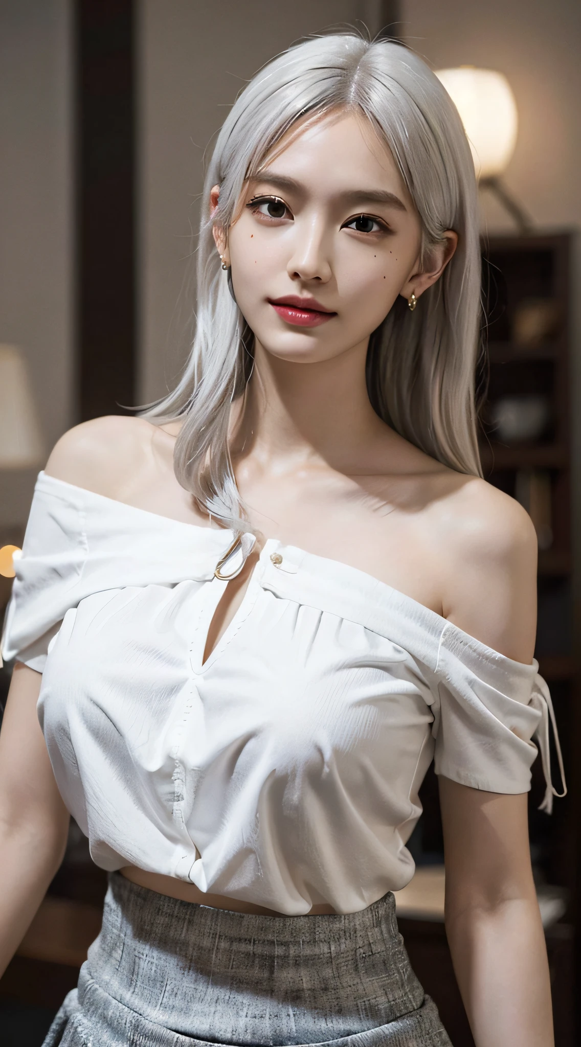 Best, masterpiece, white hair, golden eyes, low-cut white dress, short skirt, head up, narrow waist, upper body, hair, fair skin, side braids, sofa sitting position