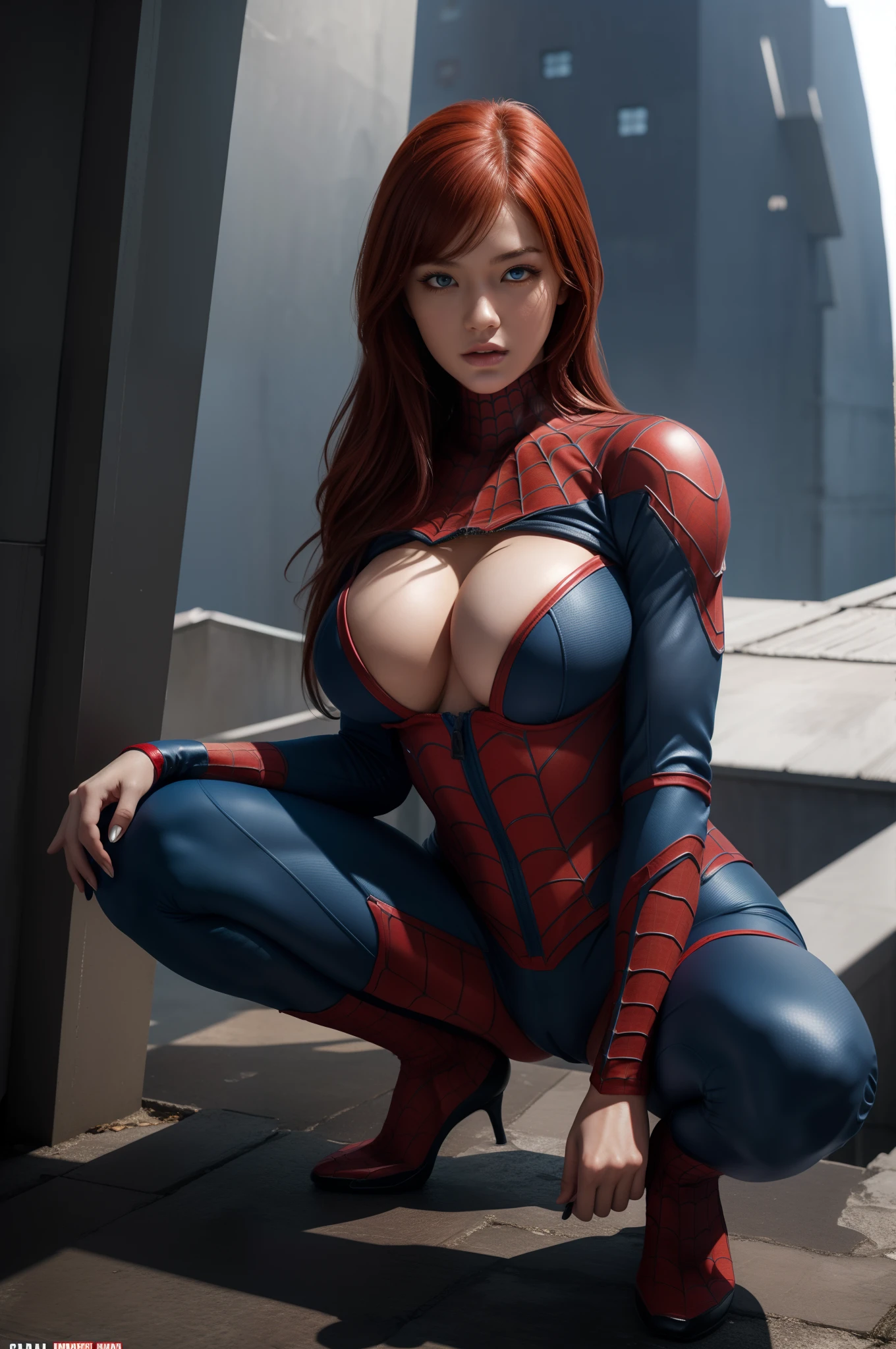 sexy redhead woman, ultra realistic photo, perfect detailed face, bright blue eyes,(big bush plush) dressed as Spider-Man from Marvel Comics, In the fortress of solitude, Looks cool, (Ultra realistic), (Illustration), ( very high resolution), (8k), (very detailed), (best illustration), (best quality), (ultra detailed), (master piece), solo, (dynamism), dark studio, she wears a futuristic jacket, Japanese goddess, ripped spider man outfit showing her beautiful huge breasts, giant pointy breasts, marked pussy showing her pubic hair, erotic hot girl, half naked, she is on top of a building squatting showing her marked pussy, erotic