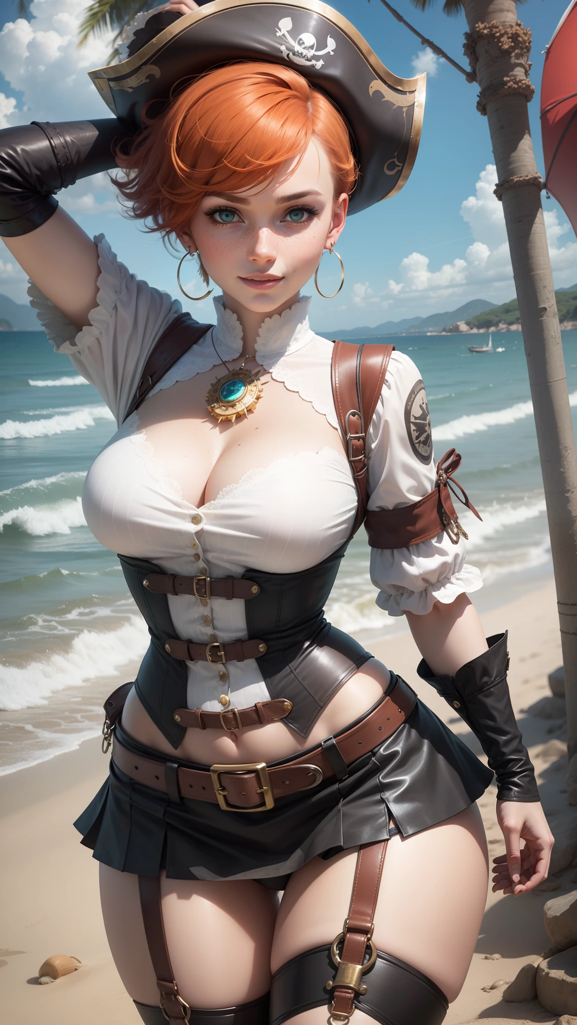 gwen tennyson,tracer,yorha 2b,nami, rebecca chambers,reisalin stout,pirate outfit,beach,teenager,green eyes,thigh high boots,garter belt,striped panties, short hair,orange hair,pirate ship,shy smile,ginger,white striped top,tight skirt, freckles,redhead,pirate corset,pirate jacket,beautiful girl,large breasts,ultra detailed,realistic,pearl earrings,cutlass,