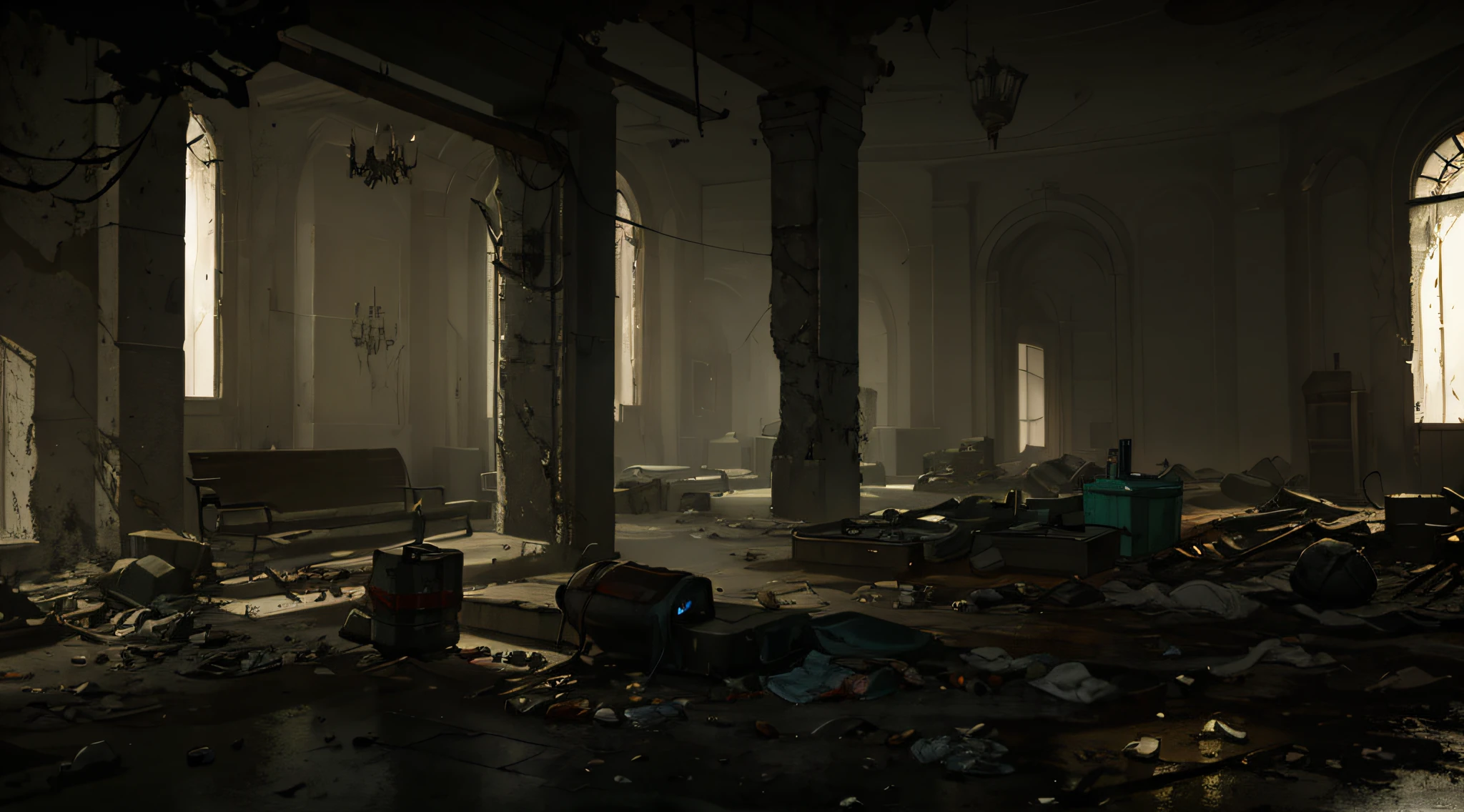 There is a room with a lot of garbage and a bench, arte conceitual escura fotorrealista, dramatic lighting. arte conceitual, Interior of the post-apocalyptic palace, unreal engine render concept art, detailed textures and lighting, detailed lighting and textures, artista ambiental, eerie nostalgic concept art, resident evil virus concept art, dark cinematic concept art, by senior environment artist, Meio Ambiente Arte