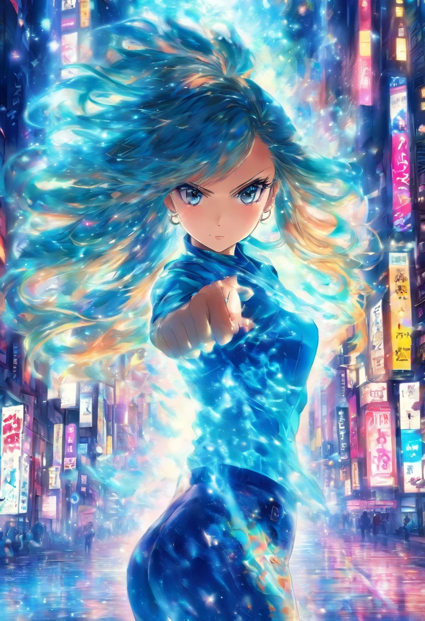 1mujer,mostrando el trasero,5 metros de altura, piel clara, pantalones ajustados, pelo color azul, grandes muslos, gran trasero, buena figura, mirando al espectador, mirada traviesa, grandes pechos