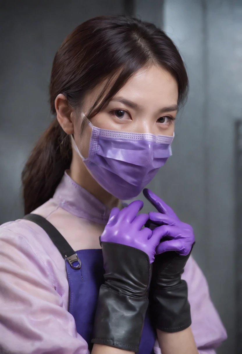 Meilin from Advanced Metal Gear Research Institute. Highly realistic. rubber glove、Purple rubber gloves、Purple cooking gloves、Long gloves、Glossy gloves、Glossy apron、Wear a mask、Rubber Mask、hide face