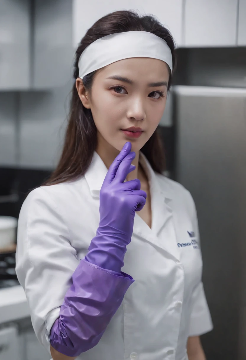 Meilin from Advanced Metal Gear Research Institute. Highly realistic. rubber glove、Purple rubber gloves、Purple cooking gloves、Long gloves、Glossy gloves、Glossy apron、Wear a mask、Rubber Mask、surgical mask