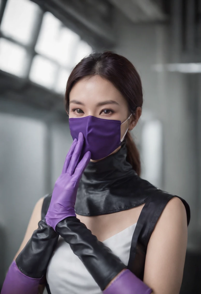 Meilin from Advanced Metal Gear Research Institute. Highly realistic. rubber glove、Purple rubber gloves、Purple cooking gloves、Long gloves、Glossy gloves、Glossy apron、Wear a mask、Rubber Mask、surgical mask