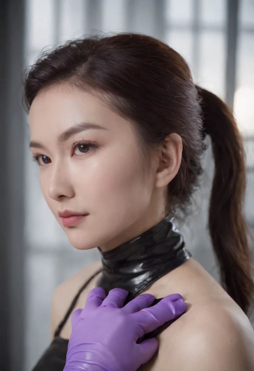 Meilin from Advanced Metal Gear Research Institute. Highly realistic. rubber glove、Purple rubber gloves、Purple cooking gloves、Long gloves、Glossy gloves、Glossy apron、Gripping the、Getting wet with white liquid、cum shots、Wear a mask、Rubber Mask、