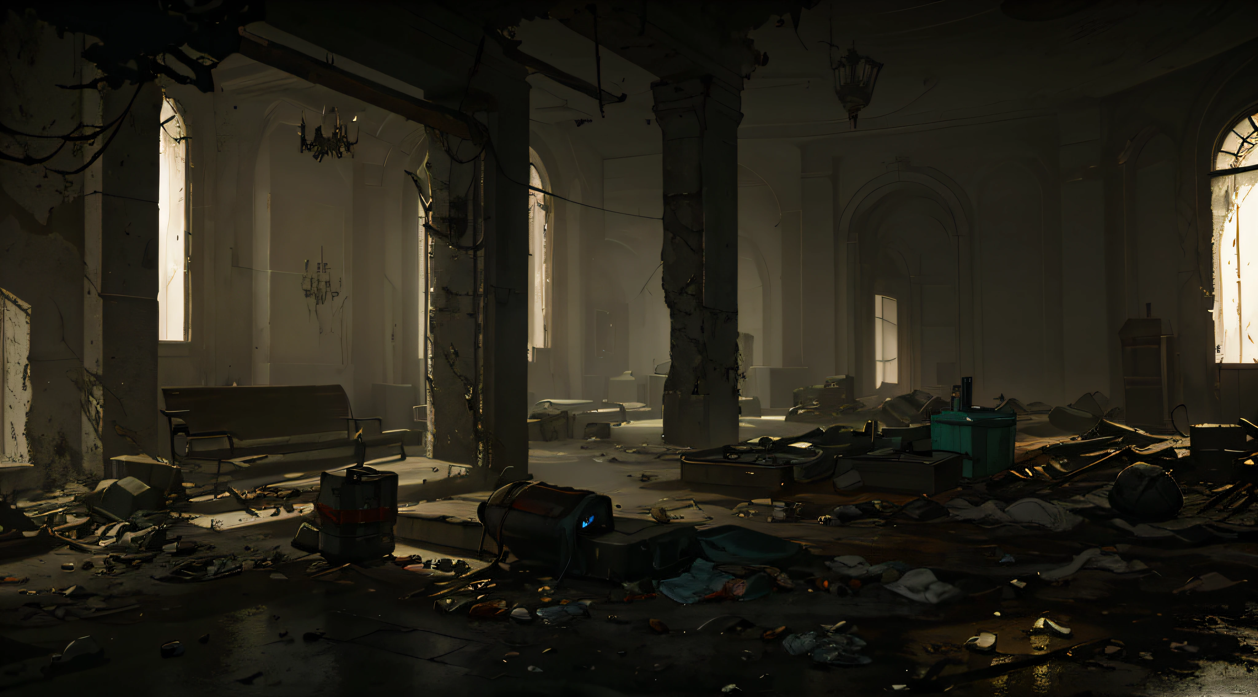 There is a room with a lot of garbage and a bench, arte conceitual escura fotorrealista, dramatic lighting. arte conceitual, Interior of the post-apocalyptic palace, unreal engine render concept art, detailed textures and lighting, detailed lighting and textures, artista ambiental, eerie nostalgic concept art, resident evil virus concept art, dark cinematic concept art, by senior environment artist, Meio Ambiente Arte