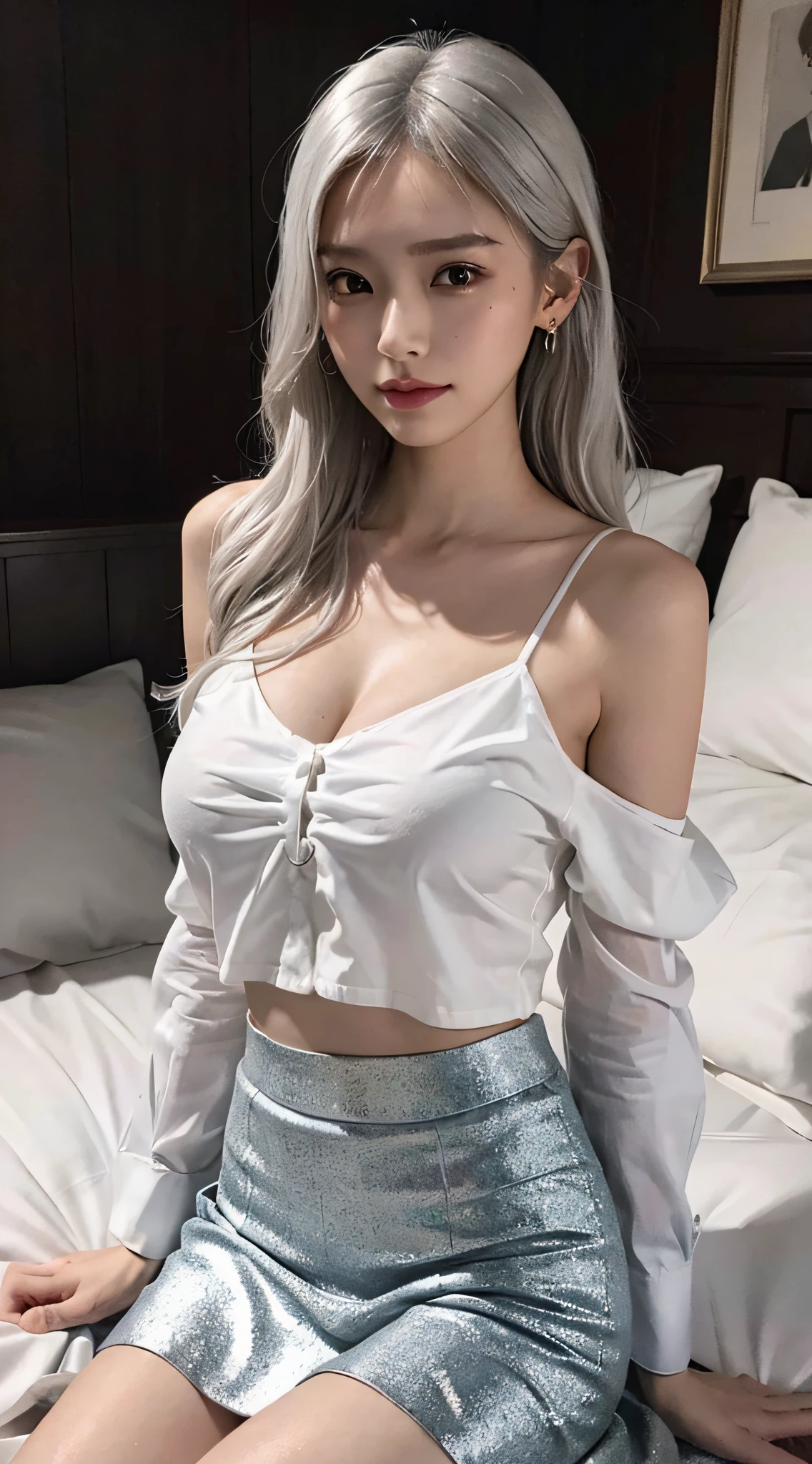 Best, masterpiece, white hair, golden eyes, low-cut white clothes, short skirt, head up, narrow waist, upper body, hair, fair skin, side braids, sofa sitting position, see thighs