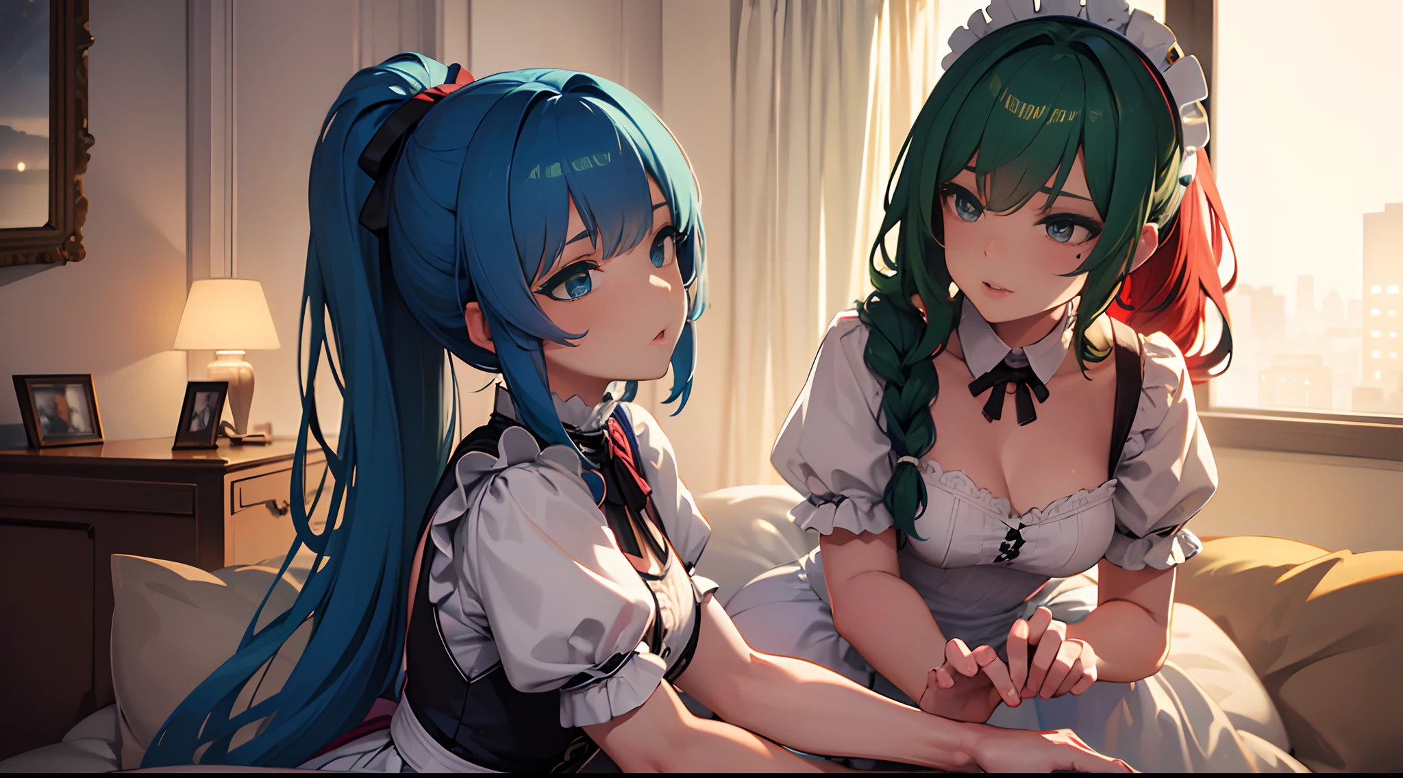 masterpiece, lots of detail, 4k, 8k, ((ultra-detailed)), highres, soft lighting, 2girls, lounge, maid outfit, kissing, {red hair|green hair|black hair|blue hair}, {ponytail|short hair|long hair|curly hair}