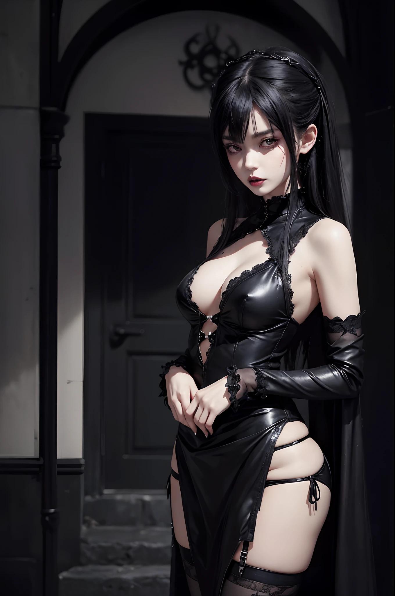 There was a woman wearing black underwear and panties, shy goth girl, pale goth beauty, sensual gloomy style, a beautiful succubus, dark fantasy mixed with realism, seductive anime girls, gothgirl, gothic maiden, succubus in tight kilt, 8K high quality detailed art, seductive dark fantasy,