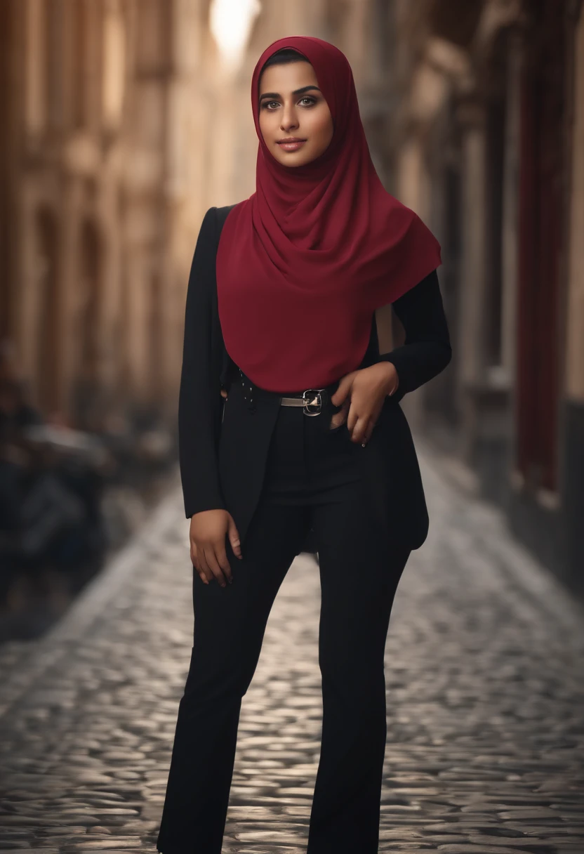 15 years old girl,hijab,sexy,tight shirt,street,walking,bokeh,realistic lighting,(best quality,4k,8k,highres,masterpiece:1.2),ultra-detailed,(realistic,photorealistic,photo-realistic:1.37),HDR,UHD,studio lighting,ultra-fine painting,sharp focus,physically-based rendering,extreme detail description,professional, full body shot