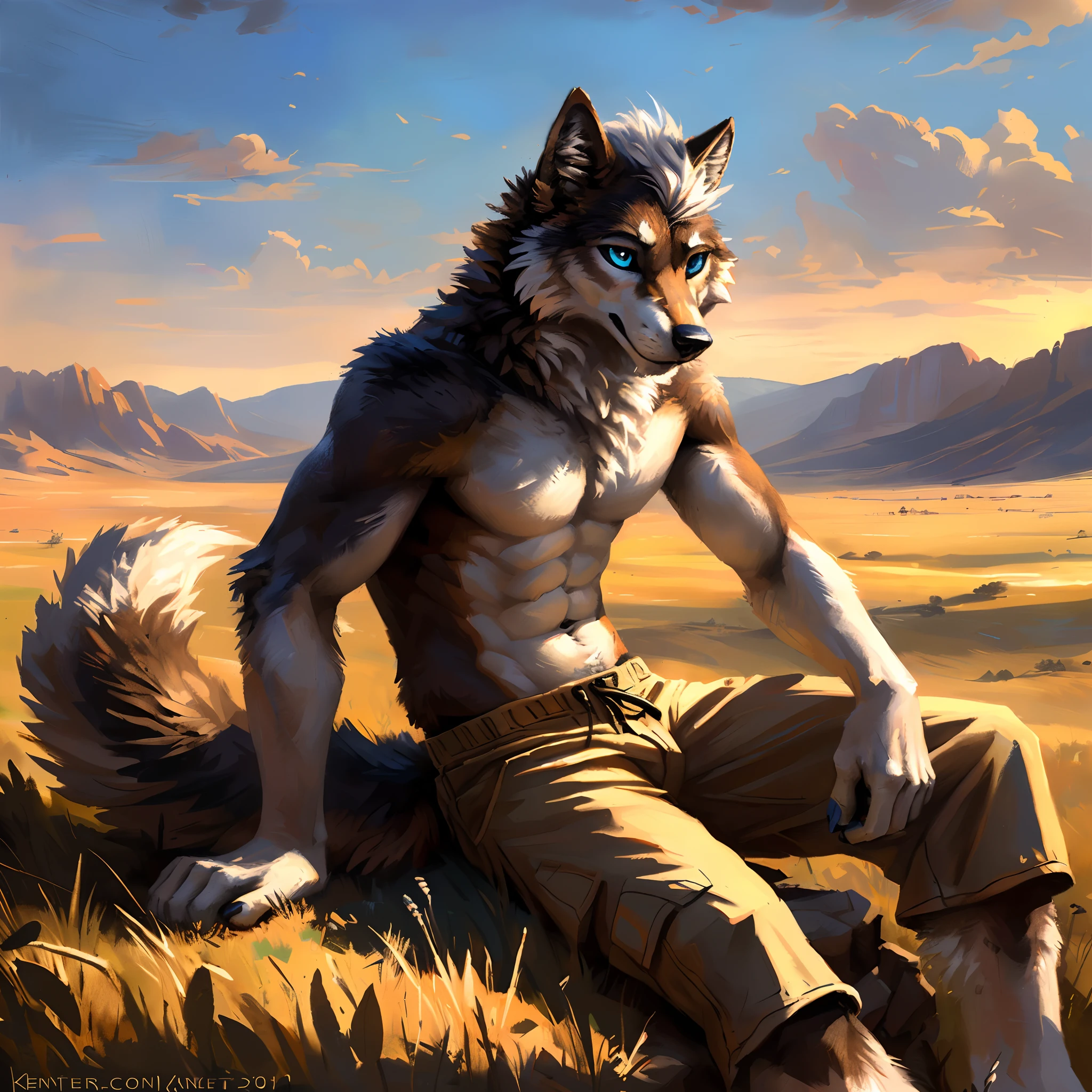 ((Solo)), male people, anthro wolf, (Multi-colored fur, White-brown:1.3), ((Wolf face, White hair, Big eyes, White eyelids, Blue pupil, Slim:1.2) (Tough, Calm expression:1.2)), Abs, Slim, pinging)), (Correct anatomy), (Work shorts:1.1), (Contour bone:1.2), The upper body is naked, (detailed outfits),A big tail,Feet,(Realistic fur, Detailed fur texture, labeled:1.3)), (Natural lighting), Photorealistic, Hyperrealistic, ultradetailed, by Kenket,Endless grasslands,No buildings,erect through