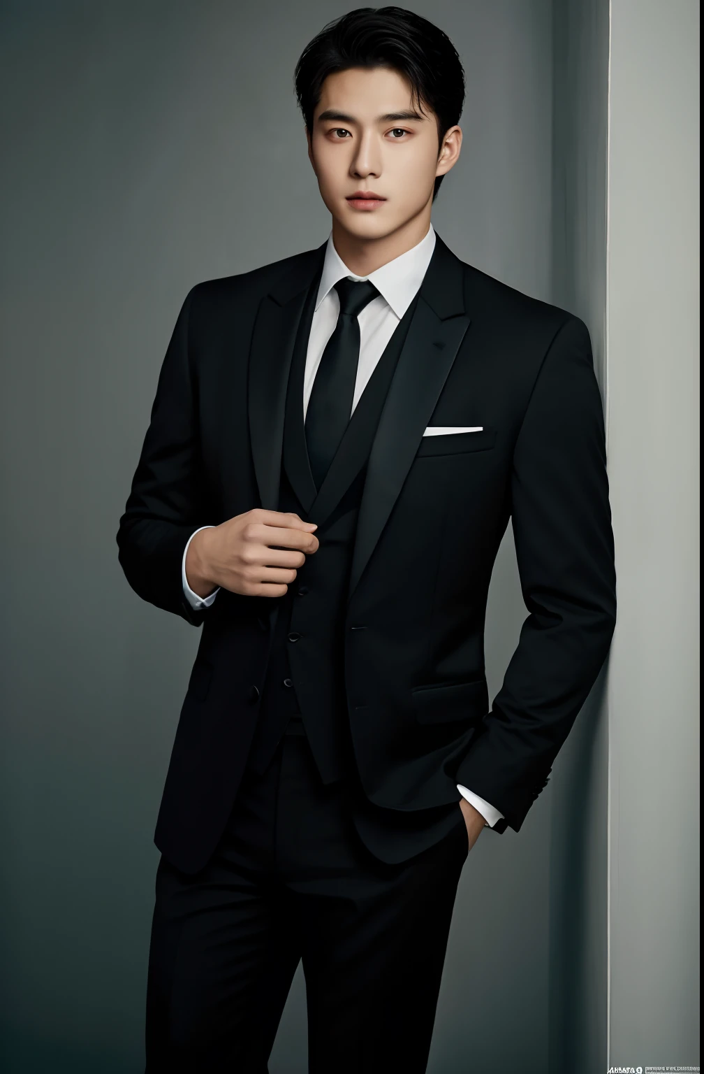 1man, a 25-year-old muscular man, wears a black suit, formal suit and black tie  soft lighting, masterpiece, best quality, 8k ultra high definition, Midjourney realisti, full body