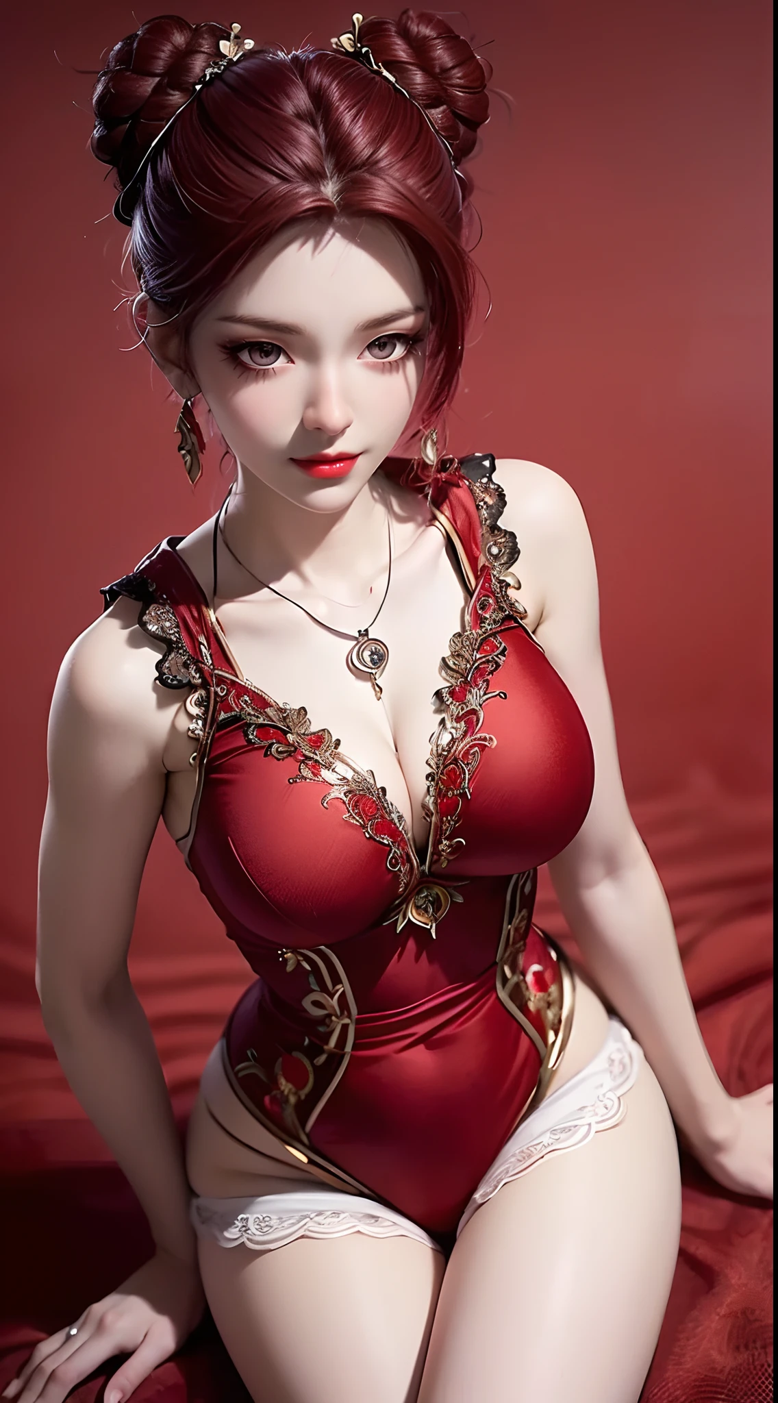 1 beautiful and sexy 20 year old girl, ((wearing red hanfu style one-piece armor :1.6)), dress with diamonds, ((long Red brown hair:1.6)), elaborate jewelry made from stones noble and beautiful hair, ((wearing a black lace necklace:1.4))), noble, noble style of an extremely beautiful girl, super cute little face, very pretty face, fur thin eyebrows, flawless beautiful face, ((black eye pupils: 0.8)), very beautiful eyes, ((fiery red-brown eyes: 1.6)), beautiful makeup and detailed hairdo, eyelashes, eye makeup wet, high nose, earrings, red lips, ((closed mouth: 1;5 )) beautiful lips, slim hands, ((arms spread out to the sides: 1.5)), rosy face, clean face, flawless beautiful face, smooth white skin, (big breasts: 1.5)), ((high breasts: 1.6)), firm breasts, nice cleavage, (((big and super round breasts: 1.8))) , ((super firm breasts: 1.7)) , beautiful breasts, perfect body, (((sitting position, leaning back and hands behind: 1.5))), ((chest puffed out: 1.5)) , don't be shy, 8k photos, super high quality, super realistic, super 10x pixels, optical, bright studio, bright edges, two-tone lighting, (high detail skin:1.2), super 8k, soft lighting , high quality, volumetric light, optical, optical high resolution, light, best photo, 4k, 8k quality, blur effect, smooth sharpness, 10 x pixels, ((flower red background:1.5)), aurora, lightning, super realistic graphics, most realistic graphics, alone, solo, Extremely sharp, surreal images, (((frontal portrait: 1.4)))."