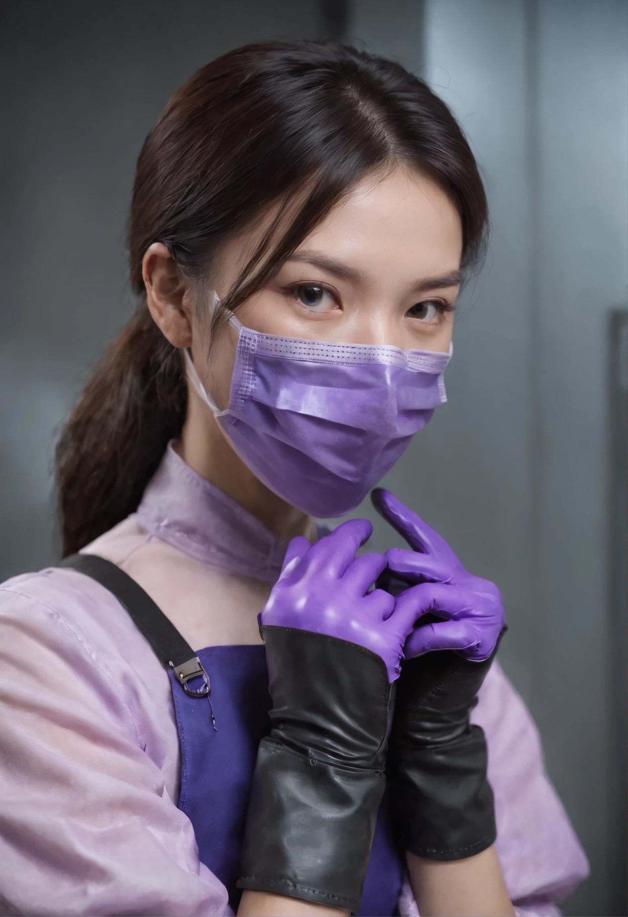 Meilin from Advanced Metal Gear Research Institute. Highly realistic. rubber glove、Purple rubber gloves、Purple cooking gloves、Long gloves、Glossy gloves、Glossy apron、Wear a mask、Rubber Mask、hide face