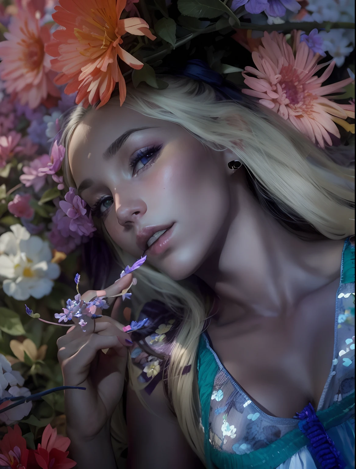 Métis Girl, very sexy, habit de couleur violet, lying on flowers, 22 years old