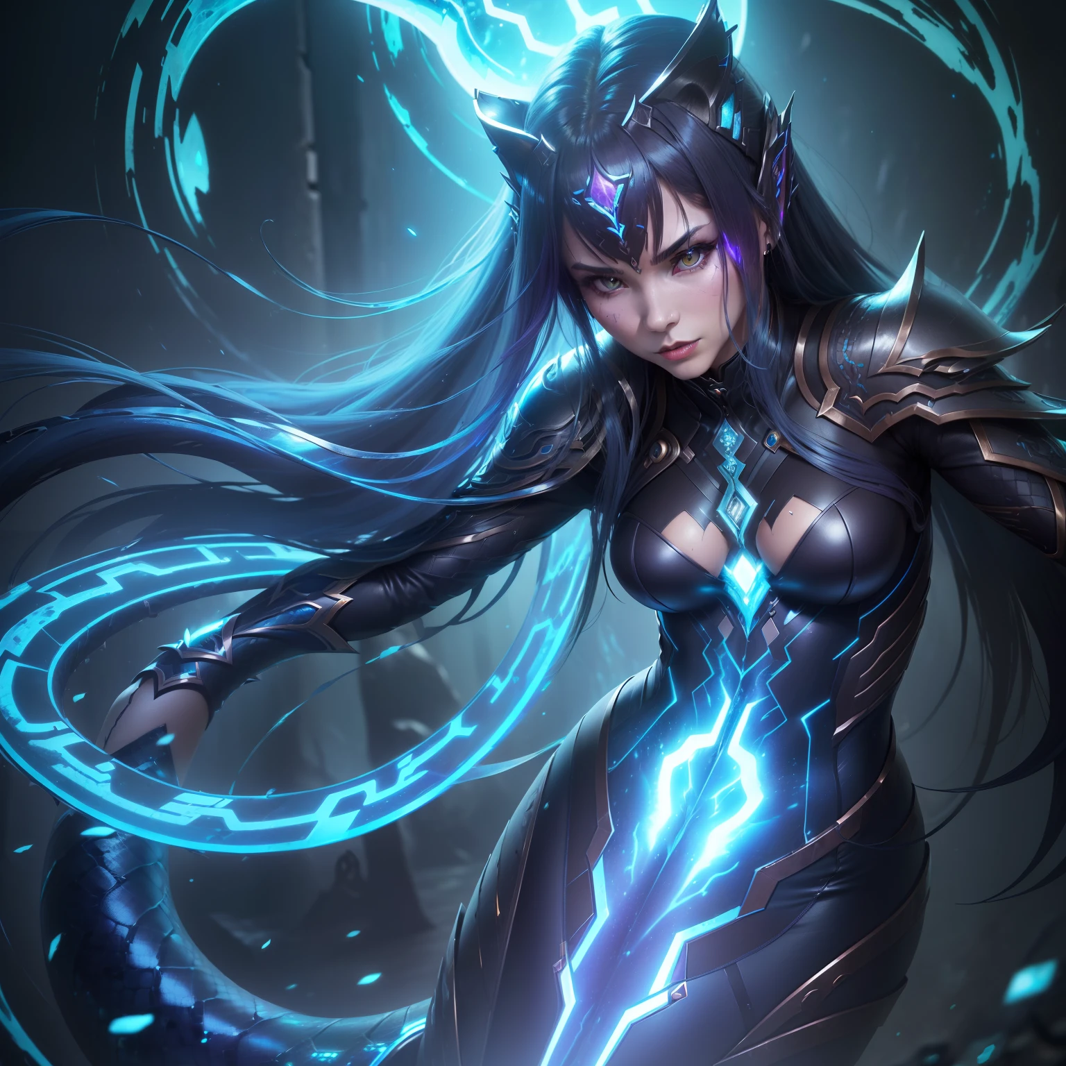 (Best Quality,Ultra-detailed,Realistic:1.37)、Electric Eel Woman、Atrocious、wicked、cruel、Dweller of Darkness、(femele:0.3 | Electric eel:1.5)、Emphasis on the characteristics of electric eels、discharge profusely、Full body