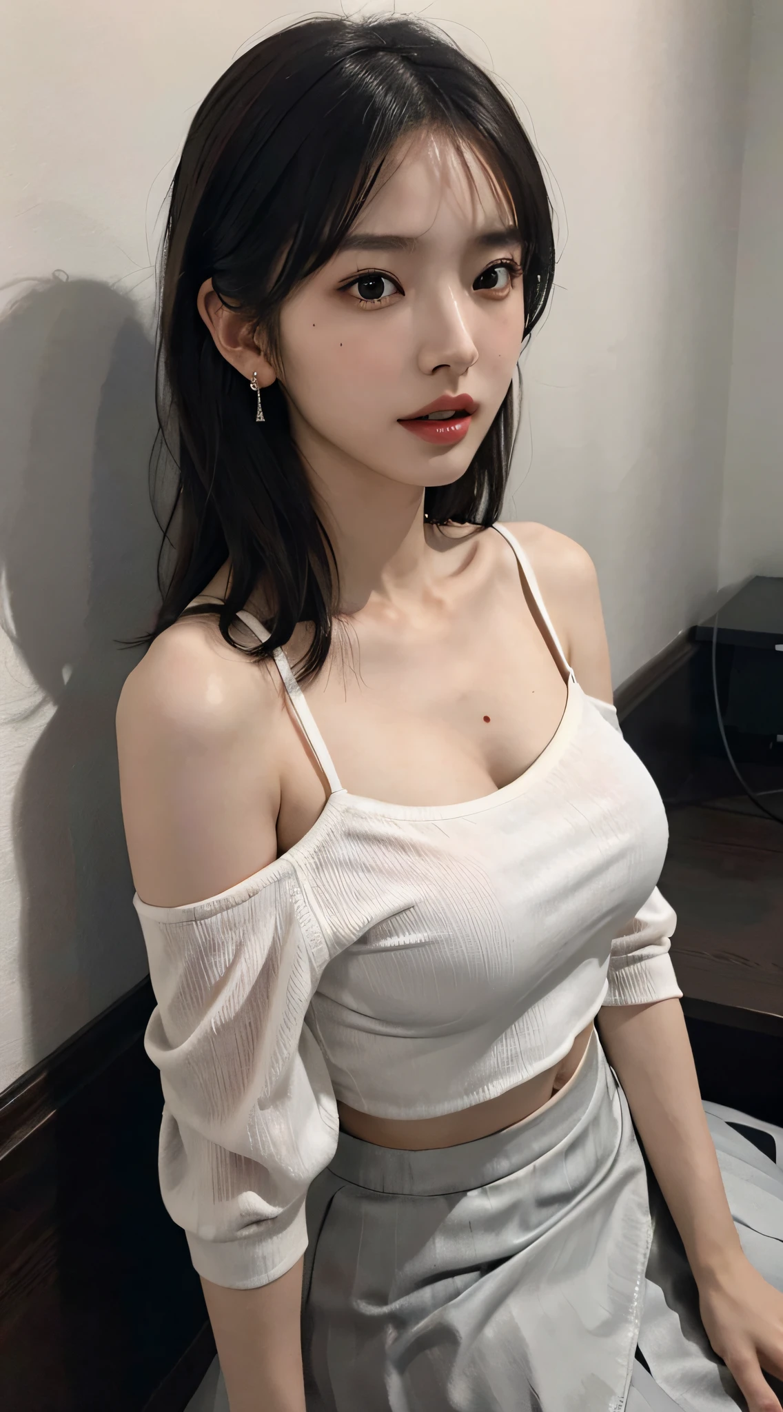 （real， High resolution：1.3）， One girl with a perfect body， Very beautiful face and eyes，short Hair， Random color T-shirt：1.2， Short skirt，Exposing cleavage,