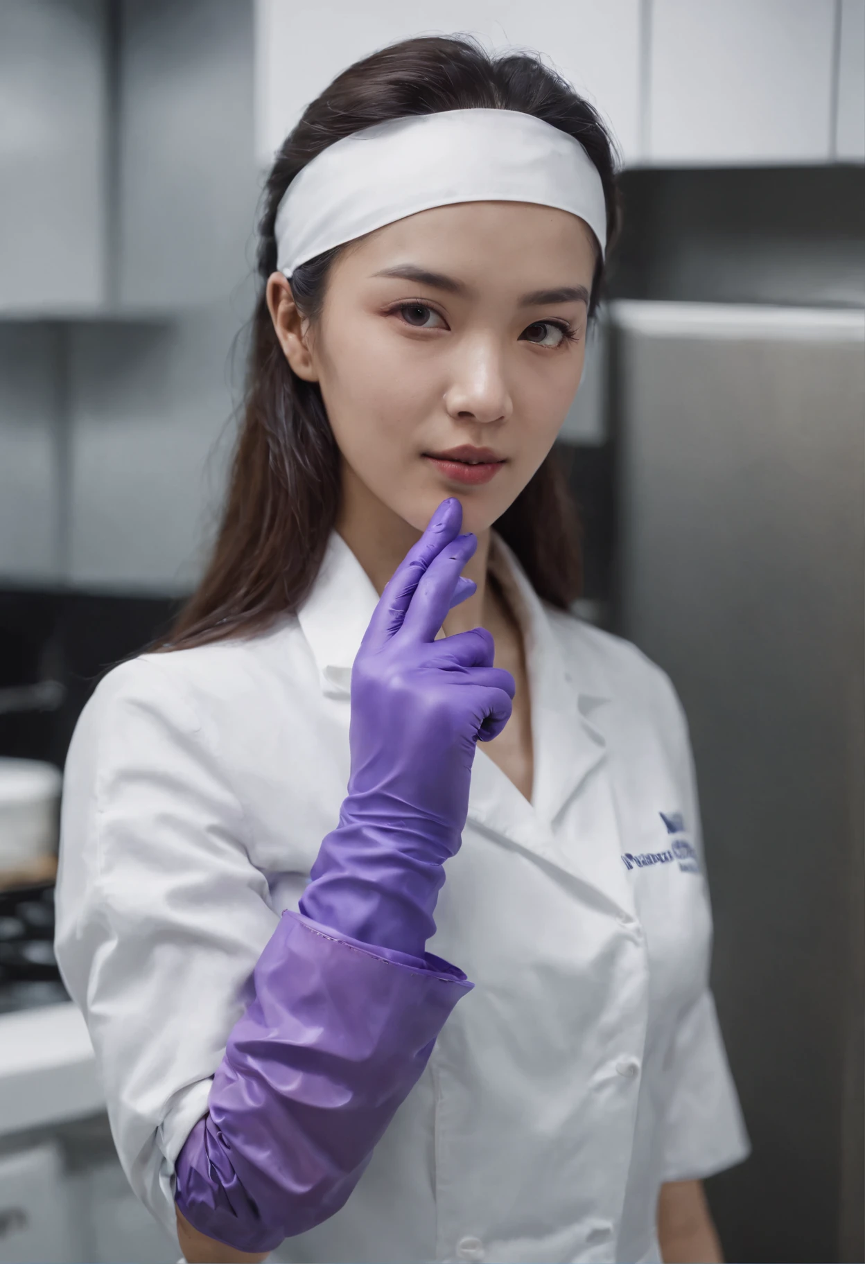 Meilin from Advanced Metal Gear Research Institute. Highly realistic. rubber glove、Purple rubber gloves、Purple cooking gloves、Long gloves、Glossy gloves、Glossy apron、Wear a mask、Rubber Mask、surgical mask