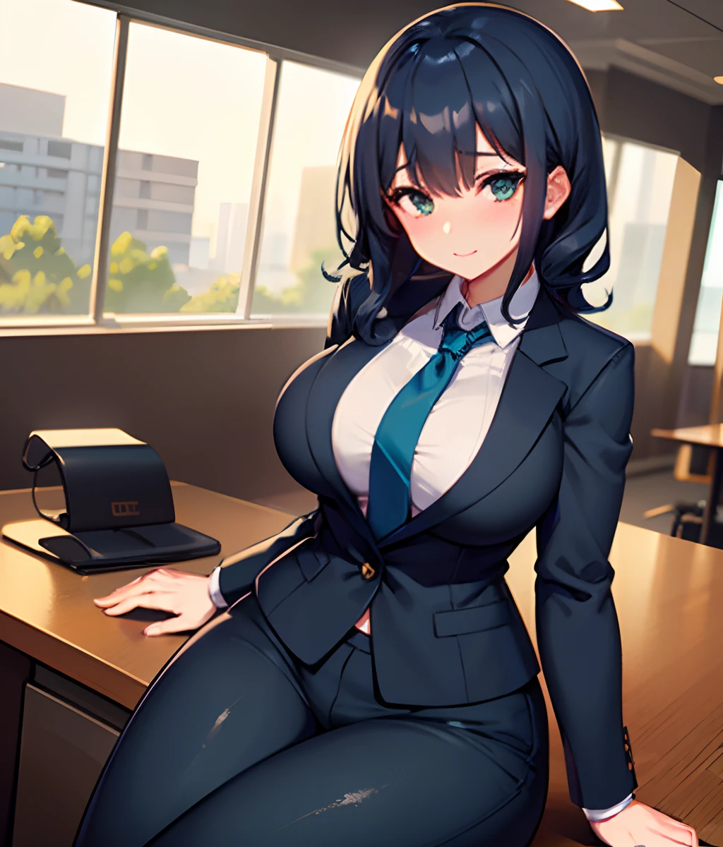 solo, girl, friendly, confident looking buisness woman, 30 years old, black blue dyed curly hair, dark green eyes, medium bust, round, curvy body type, nose piercing, (wearing, dark blue suit, light blue ribbon tie), sitting on a desk with her hands off to the sides, happily, blushing. the image will be a hopeful, comfortable looking workplace with natural lighting, ((very high quality))