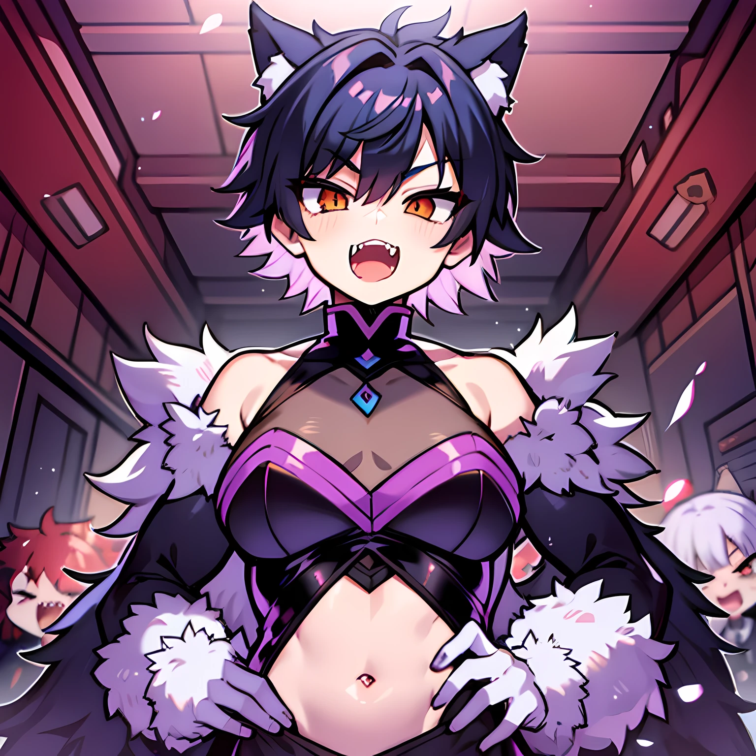 wolf boy, manhwa uke, open mouth, wolf fangs, short hair, messy hair, slit irises, flat chest, male,