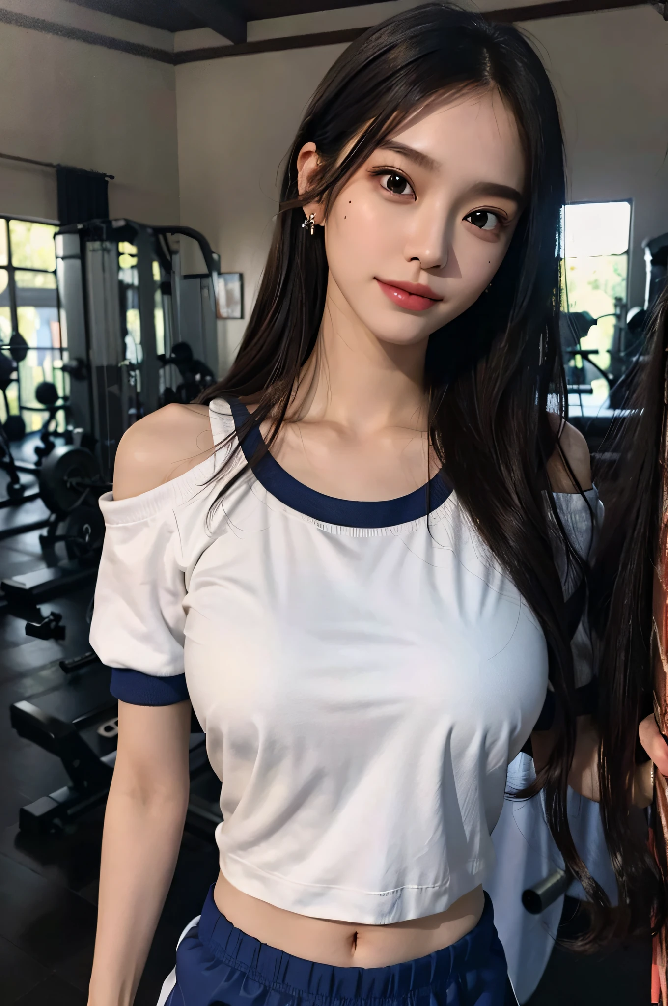 (very huge round breasts:1.5), (gym uniform:1.5), anatomically correct, extremely delicate and beautiful, masterpiece, Best Quality, ultra high resolution, 16k, hyperrealistic, ultra-detailed, Very detailed CG 8k wallpaper, Beautiful Lighting, Perfect Lightning, Realistic Shadows, super Detailed shiny skin, perfect figure, Japanese woman, late 20s, Slim body, Slim abdomen, very small head, handsome detailed woman, very detailed eyes and face, realistic face proportions, Stunning detailed eyes, Realistic beautiful face, very small face, Realistic small beautiful eyes, double eyelids, makeup, tearful mole, mole on chest, earring, short wavy hair, cleavage, bare legs, Soft midriff, Fine Collarbone, beautiful and very thin legs, beautiful and very thin thighs, off-shoulder, narrow waist,