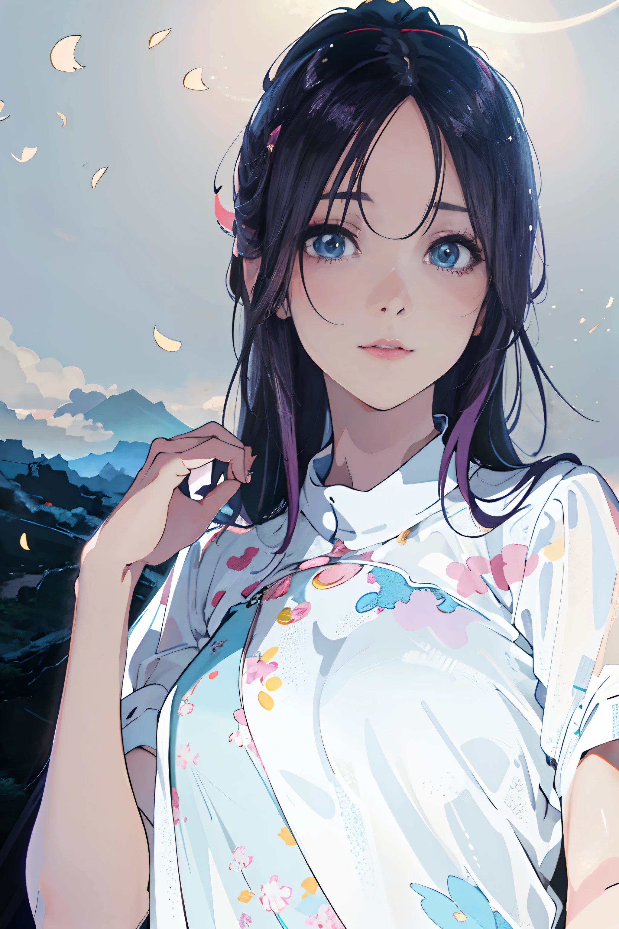 Anime girl with purple hair and blue eyes standing in front of a mountain, artwork in the style of guweiz, Beautiful Anime Portrait, Beautiful anime girl, anime style 4 k, anime art wallpaper 4k, anime art wallpaper 4k, beautiful anime artwork, Anime art wallpaper 8k, guweiz, guweiz on artstation pixiv