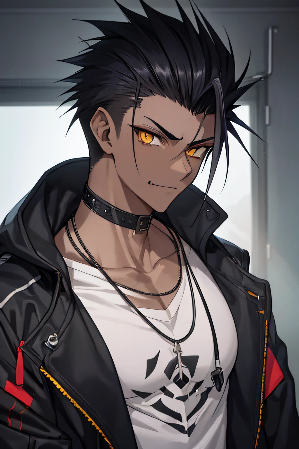 Male teen boy, MALE, (masterpiece, best quality), KujouCSA, break, 1boy, (Teenager) 15 years old, (((highschool student))), alone, white school uniform, gray jacket, open jacket, pale yellow eyes, dark gray hair, spiky hair, hair shaved on the sides, evil smile, fang, intimidating expression, dark skin, dark-skinned man, muscular MUSCULAR (Good Anatomy), open jacket, black hoodie, hood, looking at viewer, upper body shot, Boku no Hero classroom, REST, CLASSROOM. CLASSROOM CLASSROOM CLASSROOM DARK GRAY HAIR DARK GRAY HAIR DARK GRAY HAIR DARK GRAY HAIR DARK GRAY HAIR DARK GRAY HAIR DARK GRAY HAIR DARK GRAY HAIR DARK GRAY HAIR  SPIKY HAIR, HAIR SHAVED ON THE SIDES,  SPIKY HAIR, HAIR SHAVED ON THE SIDES,  SPIKY HAIR, HAIR SHAVED ON THE SIDES,  SPIKY HAIR, HAIR SHAVED ON THE SIDES,  SPIKY HAIR, HAIR SHAVED ON THE SIDES,  SPIKY HAIR, HAIR SHAVED ON THE SIDES