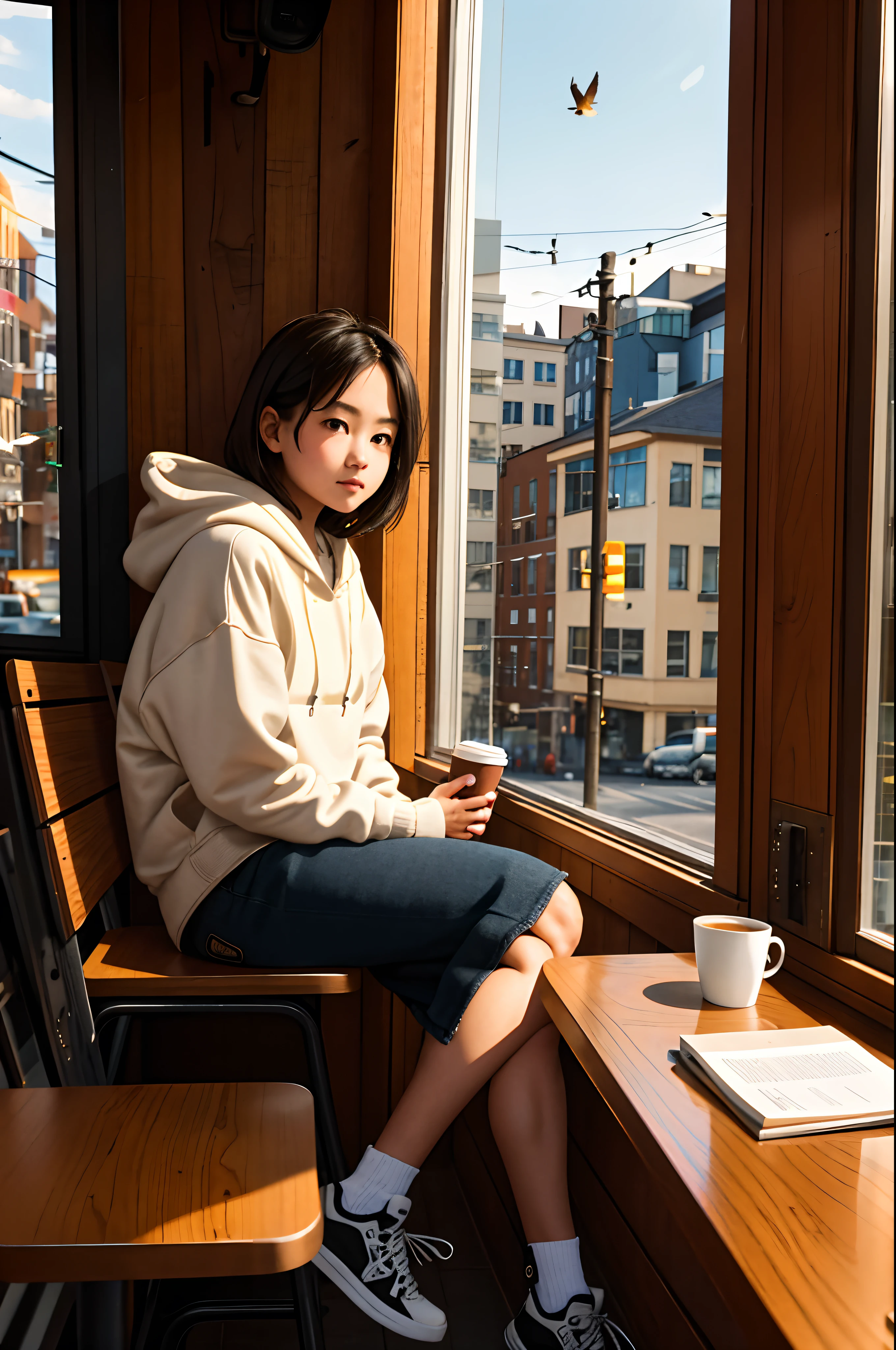 In a coffee shop on the side of the street,girl,sitting beside the window,Leaning on your hand,desks,Look at the birds on the telephone pole outside the window,hoody,tmasterpiece,A detailed,high qulity,warm color,grain sense