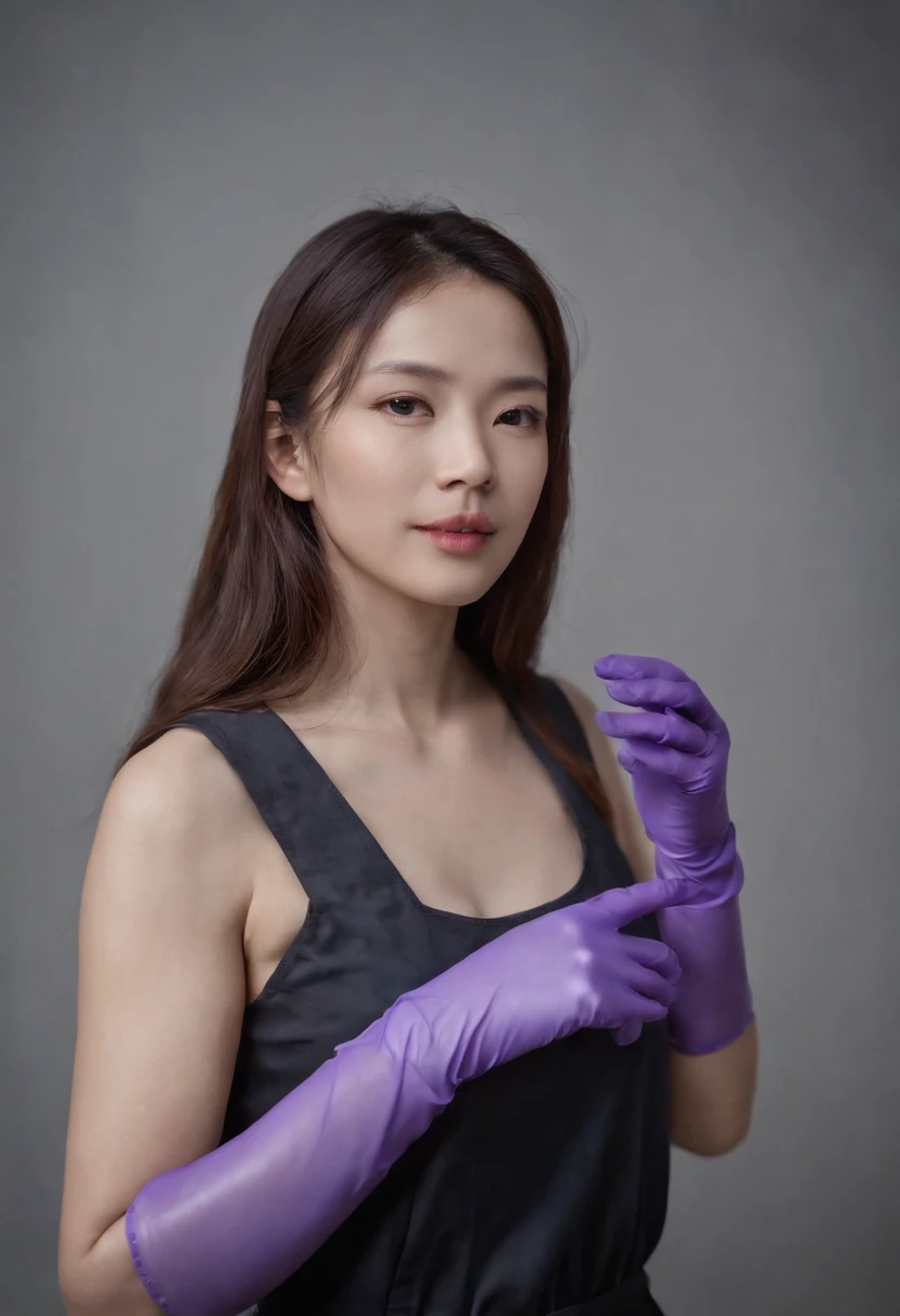 Meilin from Advanced Metal Gear Research Institute. Highly realistic. rubber glove、Purple rubber gloves、Purple cooking gloves、Long gloves、Glossy gloves、Glossy apron、Wear a mask、Rubber Mask、The perfect surgical mask