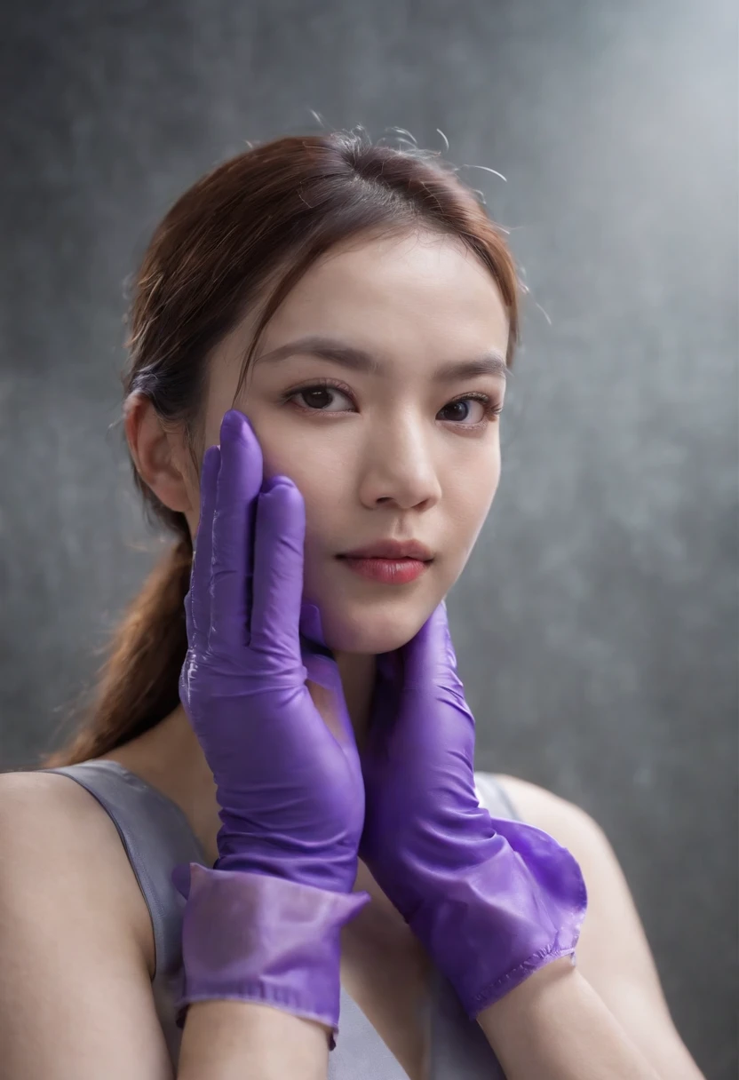 Meilin from Advanced Metal Gear Research Institute. Highly realistic. rubber glove、Purple rubber gloves、Purple cooking gloves、Long gloves、Glossy gloves、Glossy apron、Wear a mask、Rubber Mask、The perfect surgical mask