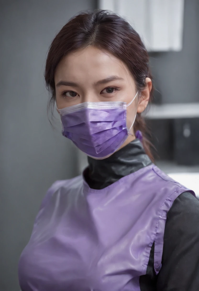 Meilin from Advanced Metal Gear Research Institute. Highly realistic. rubber glove、Purple rubber gloves、Purple cooking gloves、Long gloves、Glossy gloves、Glossy apron、Wear a mask、Rubber Mask、The perfect surgical mask