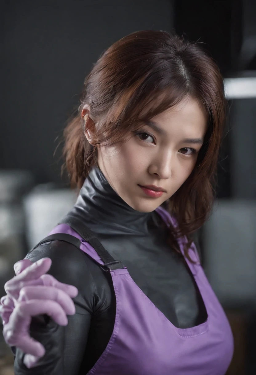 Meilin from Advanced Metal Gear Research Institute. Highly realistic. rubber glove、Purple rubber gloves、Purple cooking gloves、Long gloves、Glossy gloves、Glossy apron、Wear a mask、Rubber Mask、The perfect surgical mask