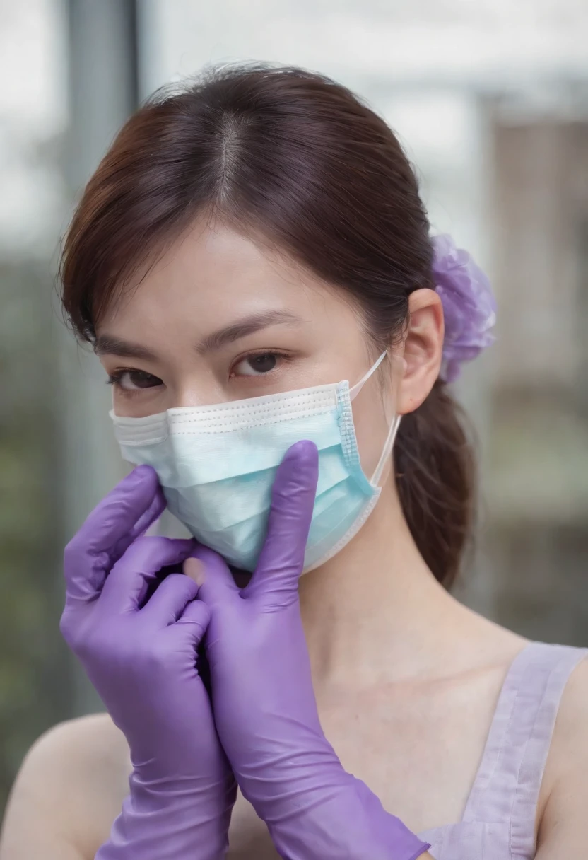 Meilin from Advanced Metal Gear Research Institute. Highly realistic. rubber glove、Purple rubber gloves、Purple cooking gloves、Long gloves、Glossy gloves、Glossy apron、Wear a mask、Rubber Mask、The perfect surgical mask