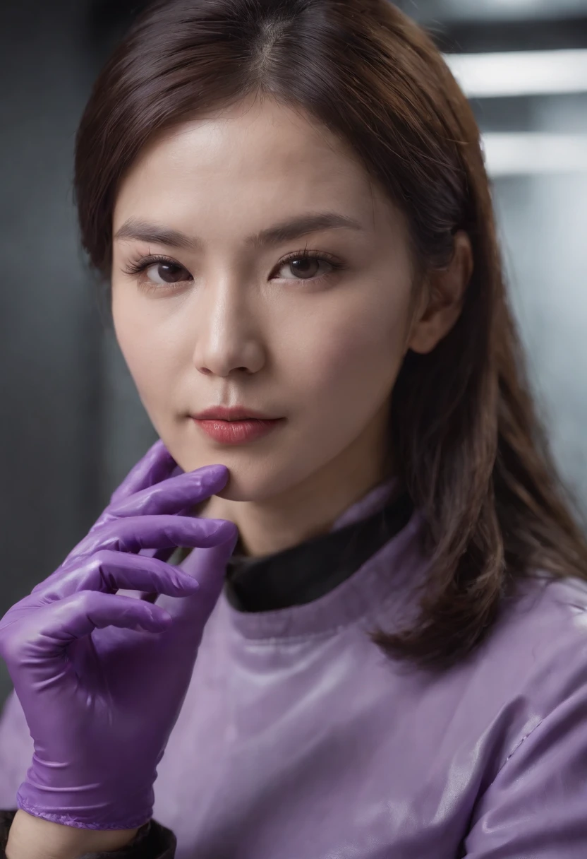 Meilin from Advanced Metal Gear Research Institute. Highly realistic. rubber glove、Purple rubber gloves、Purple cooking gloves、Long gloves、Glossy gloves、Glossy apron、Wear a mask、Rubber Mask、The perfect surgical mask