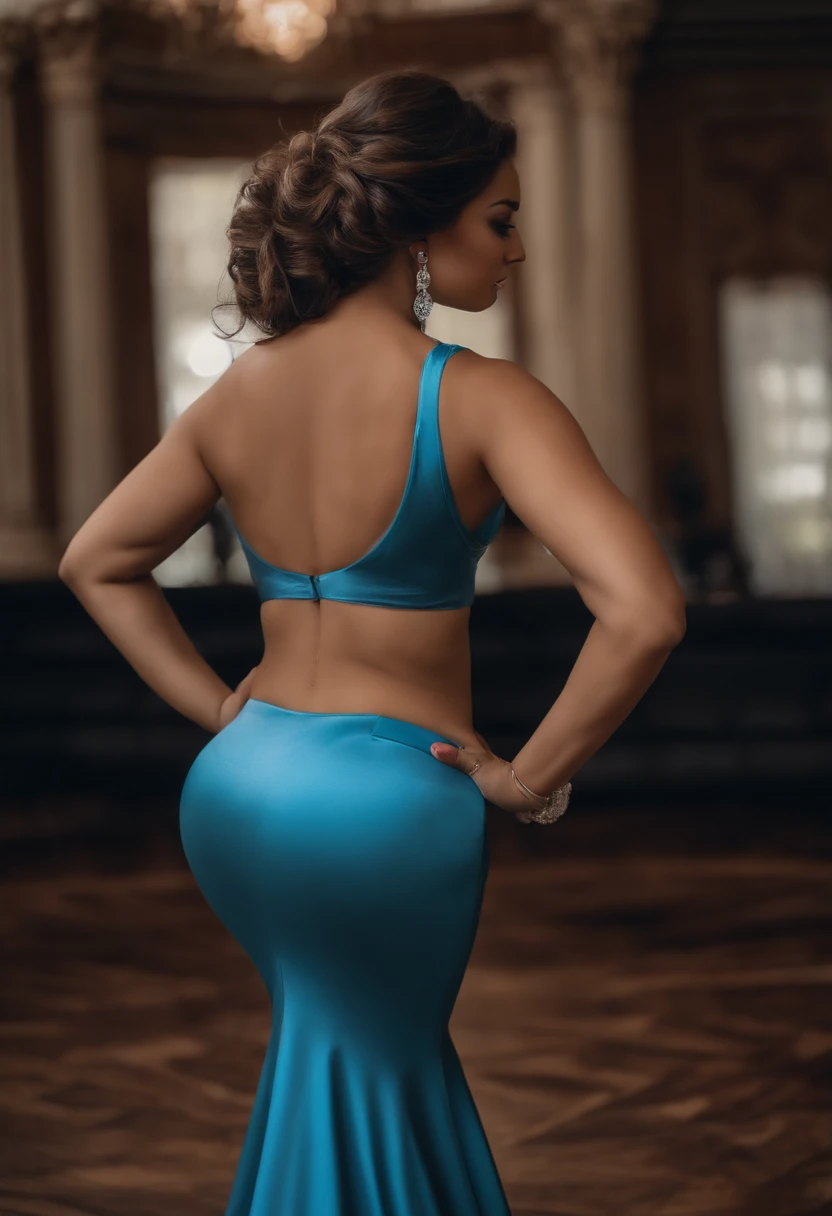 1mujer,mostrando el trasero,5 metros de altura, piel clara, pantalones ajustados, pelo color azul, grandes muslos, gran trasero, buena figura, mirando al espectador, mirada traviesa, grandes pechos