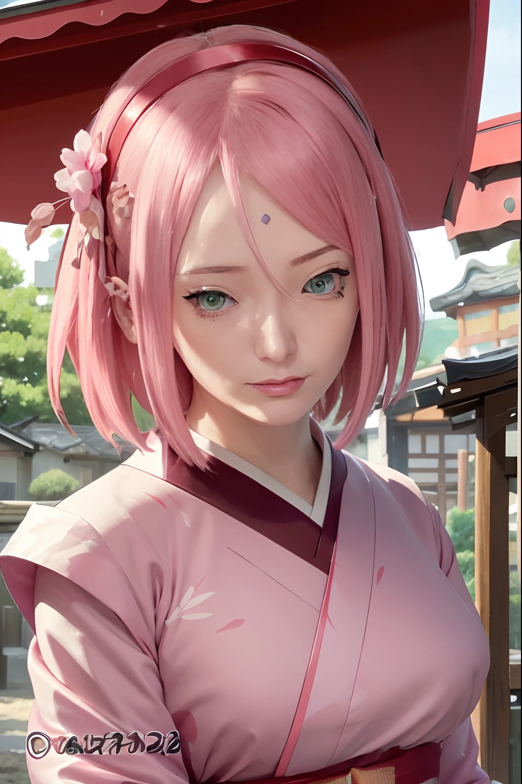 Sakura Uchiha. a woman was in the yard. she is seen wearing a pink kimono. he has short hair. pink. which breaks down. straight. not tied. she had skin as white as snow. with flushed red cheeks. and tiny red lips. he appears to be looking at the camera. so beautiful and realistic