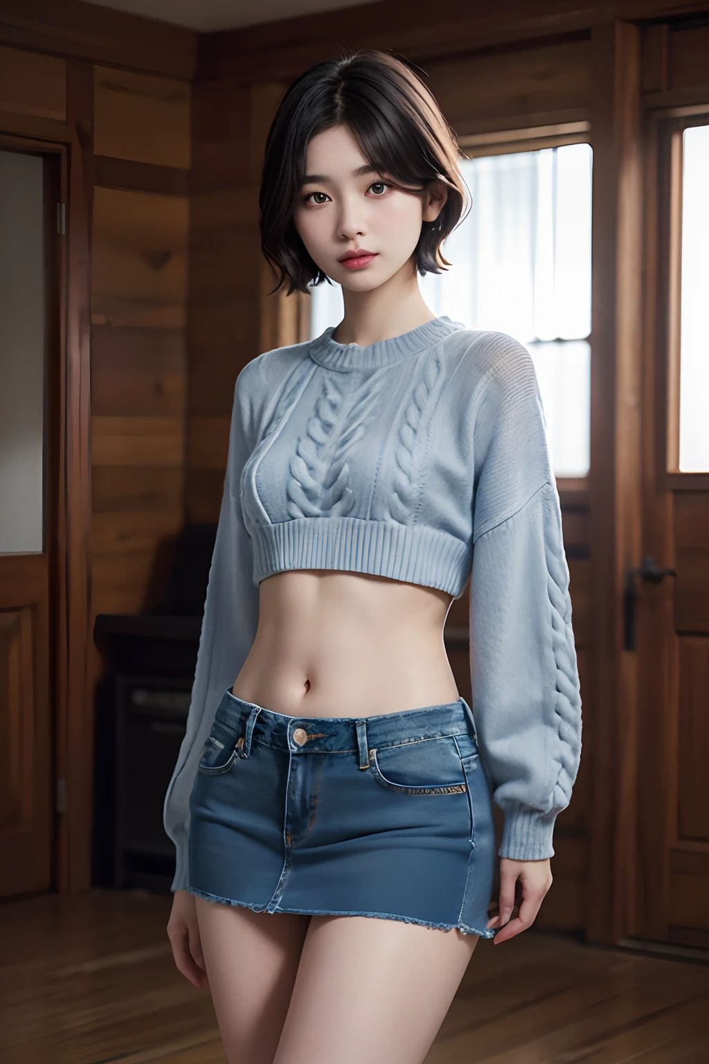 (masuter piece:1.3)、(8K、Photorealsitic、Raw photography、top-quality: 1.4)、(1girl in)、beautiful countenance、(Lifelike face)、(A dark-haired、short-hair:1.3)、Beautiful hairstyle、realisticeyes、Beautiful details、(real looking skin)、Beautiful skins、absurderes、enticing、超A high resolution、A hyper-realistic、high-detail、the golden ratio、((wide open abdomen))、((open abdomen))、((wide open navel))、((open navel))、((Mid-Riff Sweater))、((Ultra-low rise、Denim Mini Skirt))、、((Navel Ejection))、((Full body depiction))、((A slender))、((Small hips))、(Ultra-low rise))、((Denim Mini Skirt))、((is standing))、