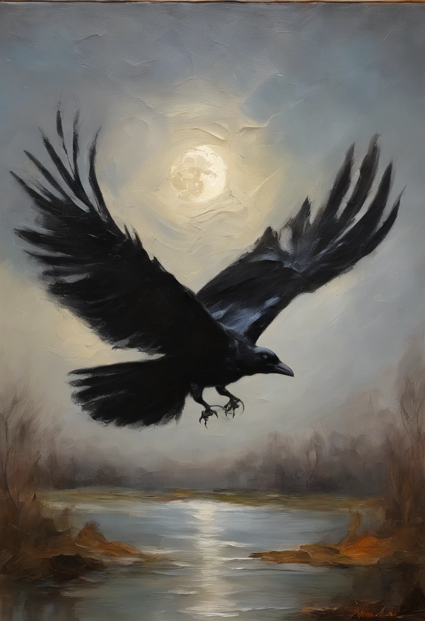 Crow flying through the air, with a glue moon in the background, thick strokes, palette knife,  impasto, Albrecht Dürer, Rembrandt, baroque art, alla prima, sfumato, chiaroscuro, intense light, catchlight, Backlighting, small spotlight