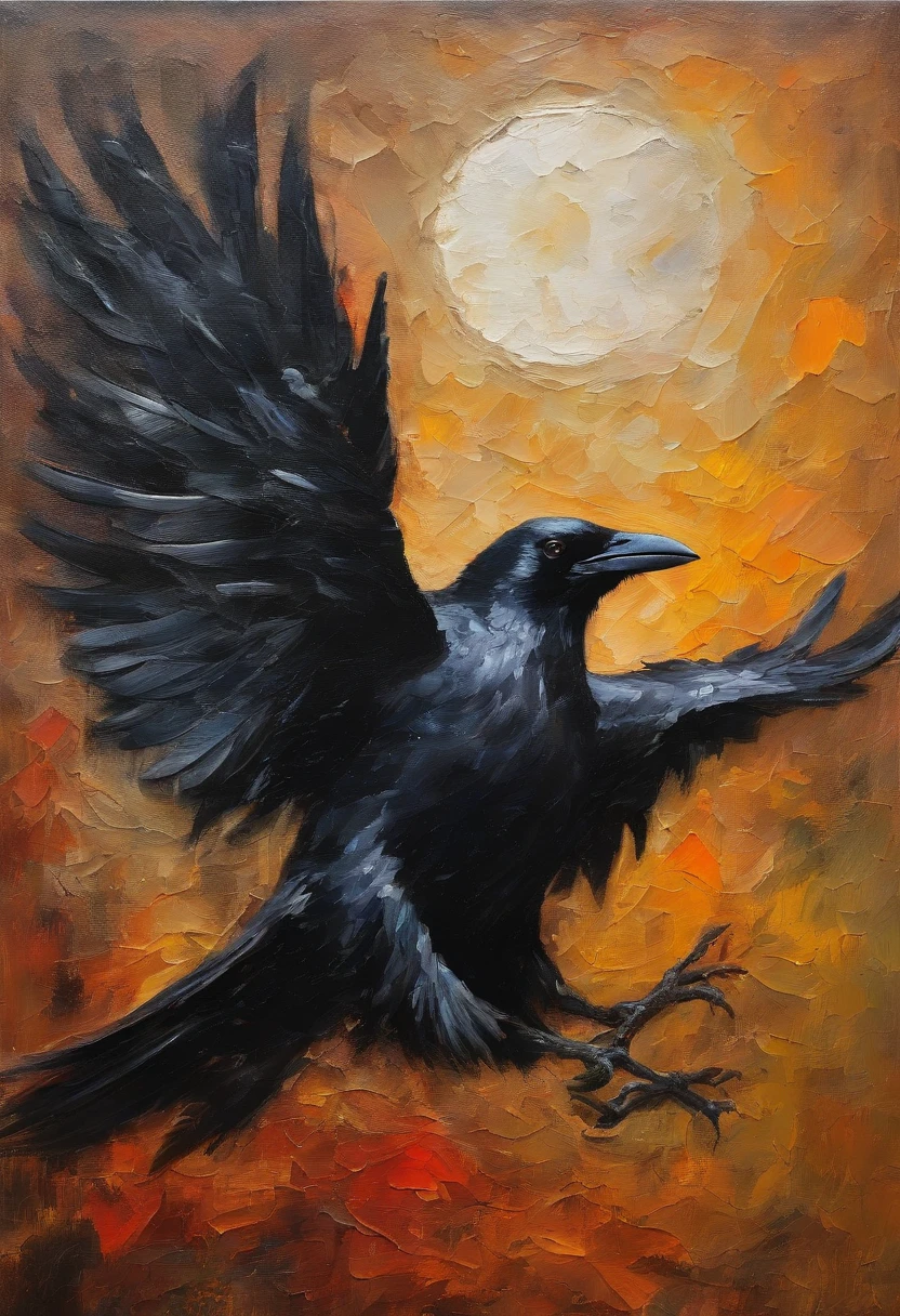 Crow flying through the air, with a glue moon in the background, thick strokes, palette knife, impasto, Albrecht Dürer, Rembrandt, baroque art, alla prima, sfumato, chiaroscuro, intense light, catchlight, Backlighting, small spotlight